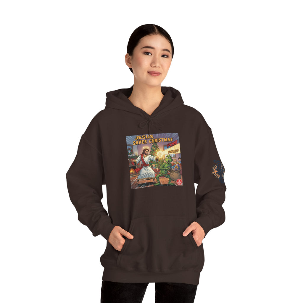 Jesus Saves Christmas Hoodie – Grinch vs Savior Light Battle Christian Sweatshirt for Hilarious Holiday Faith & True Joy Printify