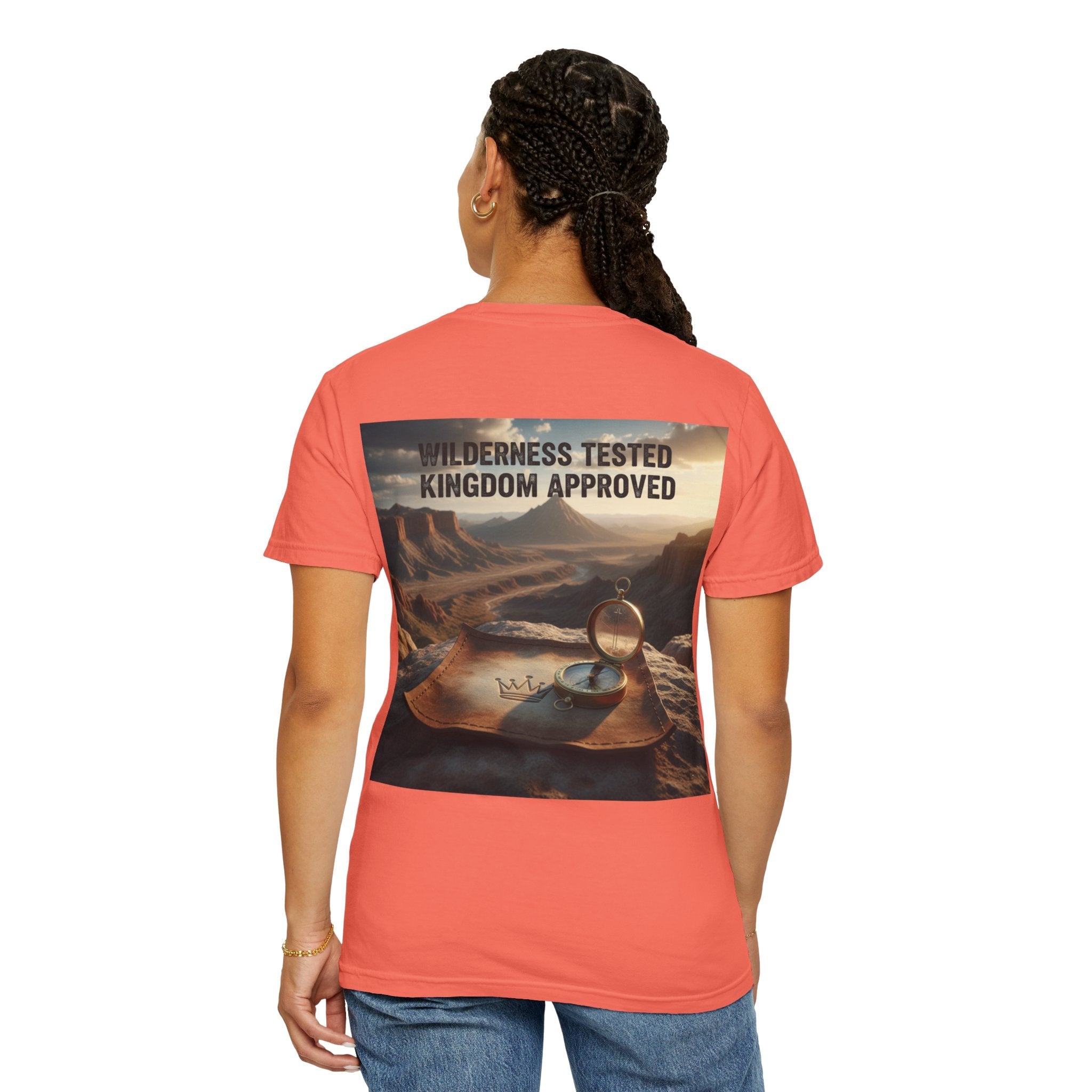 Wilderness Tested Kingdom Approved T-shirt – Mountain Desert Compass Crown Christian T-shirt for Biblical Adventure Faith Printify