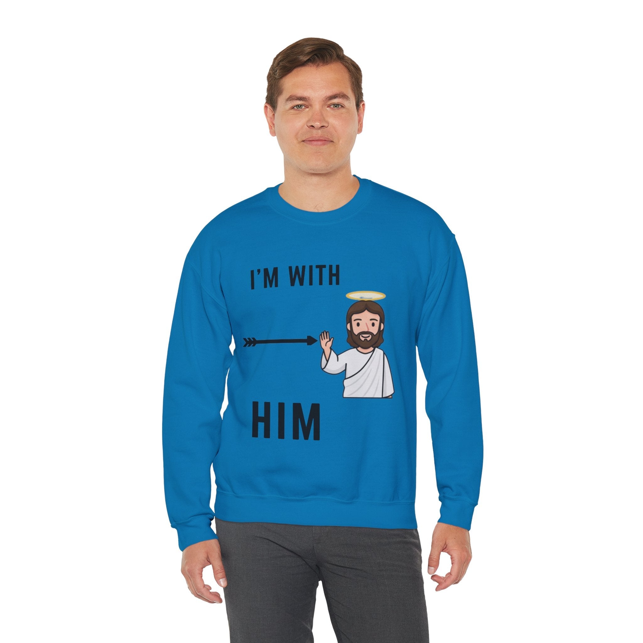 🔥 I’m With Him → Christian Sweatshirt | Arrow Pointing to Jesus | Minimalist Faith Tee | Subtle Cross Design | Bible-Inspired Apparel by Uplifted Gear Printify
