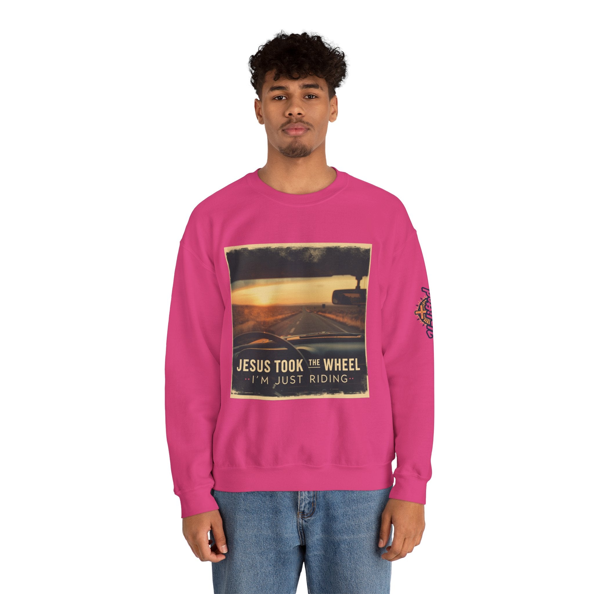 Jesus Took the Wheel I'm Just Riding Sweatshirt – Funny Christian Convertible Car Sweatshirt for Surrendered Faith & Humor