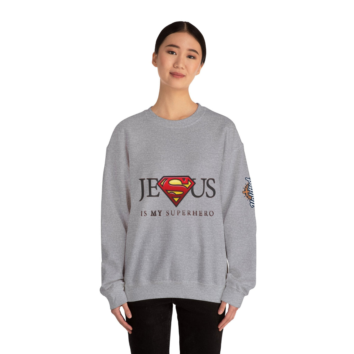 Jesus Is My Superhero Crewneck Sweatshirt Printify