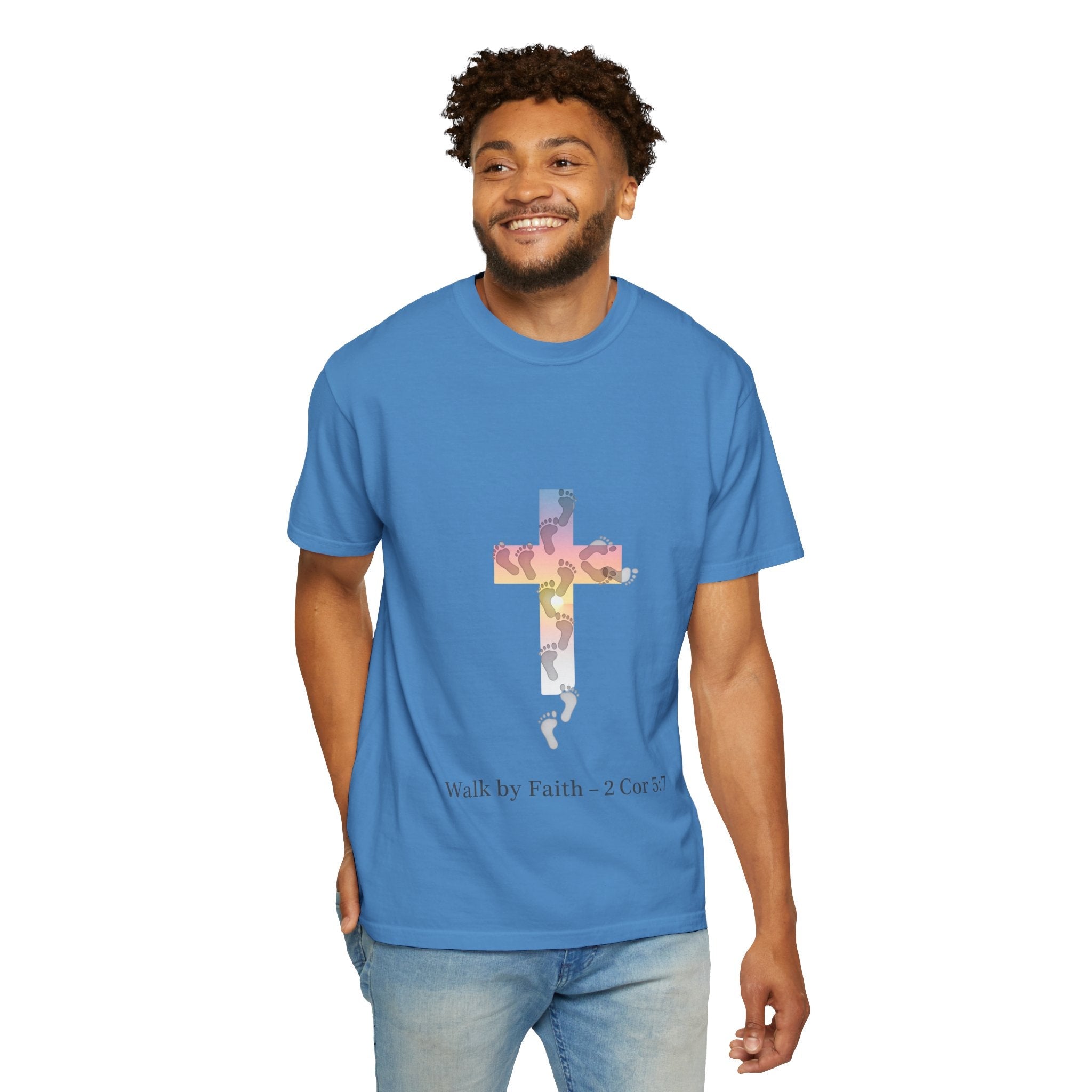 Walk by Faith T-Shirt – Cross & Footprints Christian Tee for Bold Believers Printify