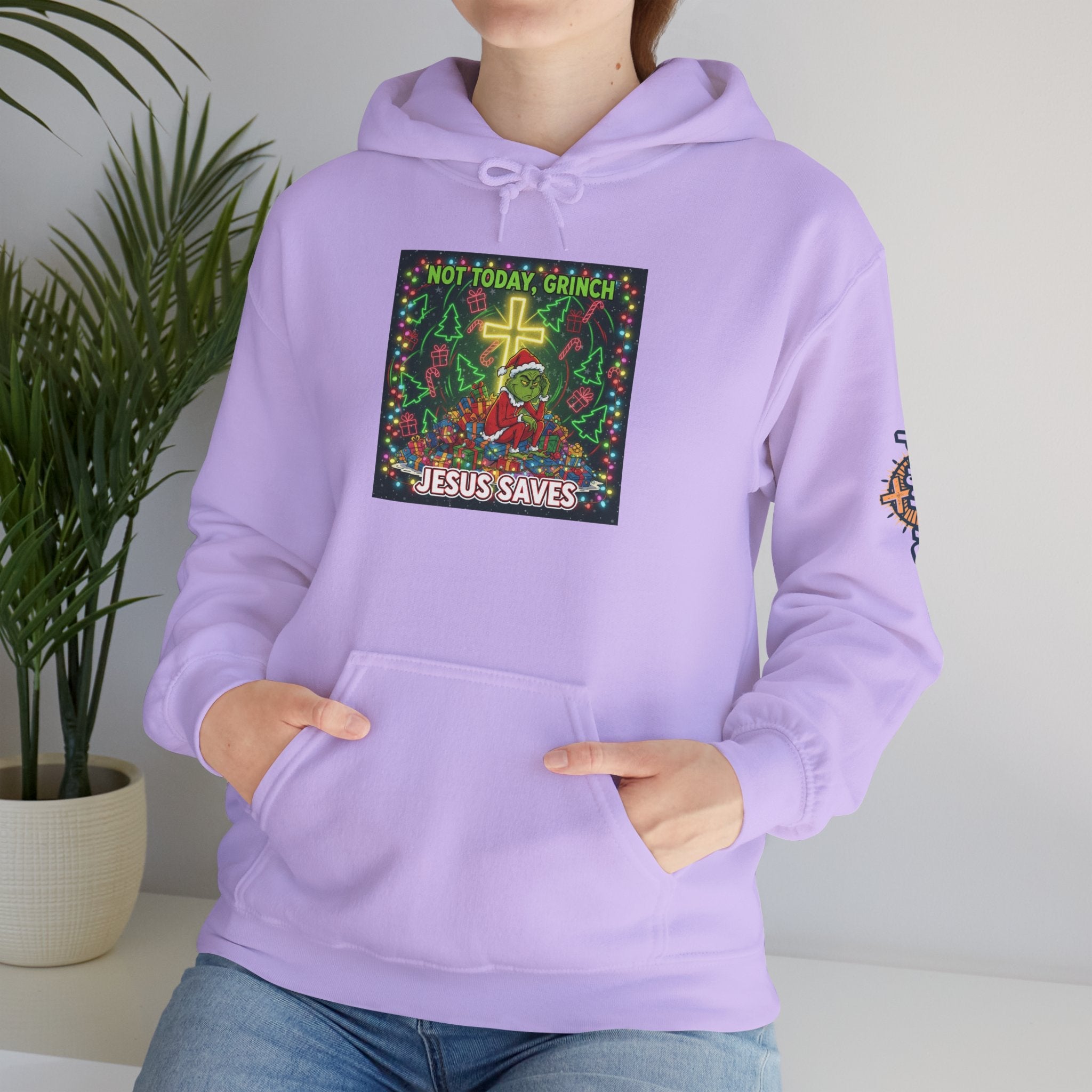 🎄 Not Today, Grinch – Jesus Saves | Funny Christian Christmas Hoodie | Festive Green & Red Cartoon Style | Bold Faith Holiday Tee by Uplifted Gear Printify