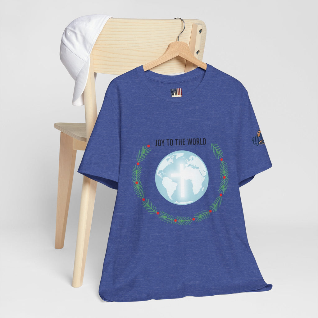 Joy to the World T-shirt – Wreath Earth Nativity Christian Christmas T-shirt for Isaiah 9:6 Holiday Faith & Festive Joy Printify