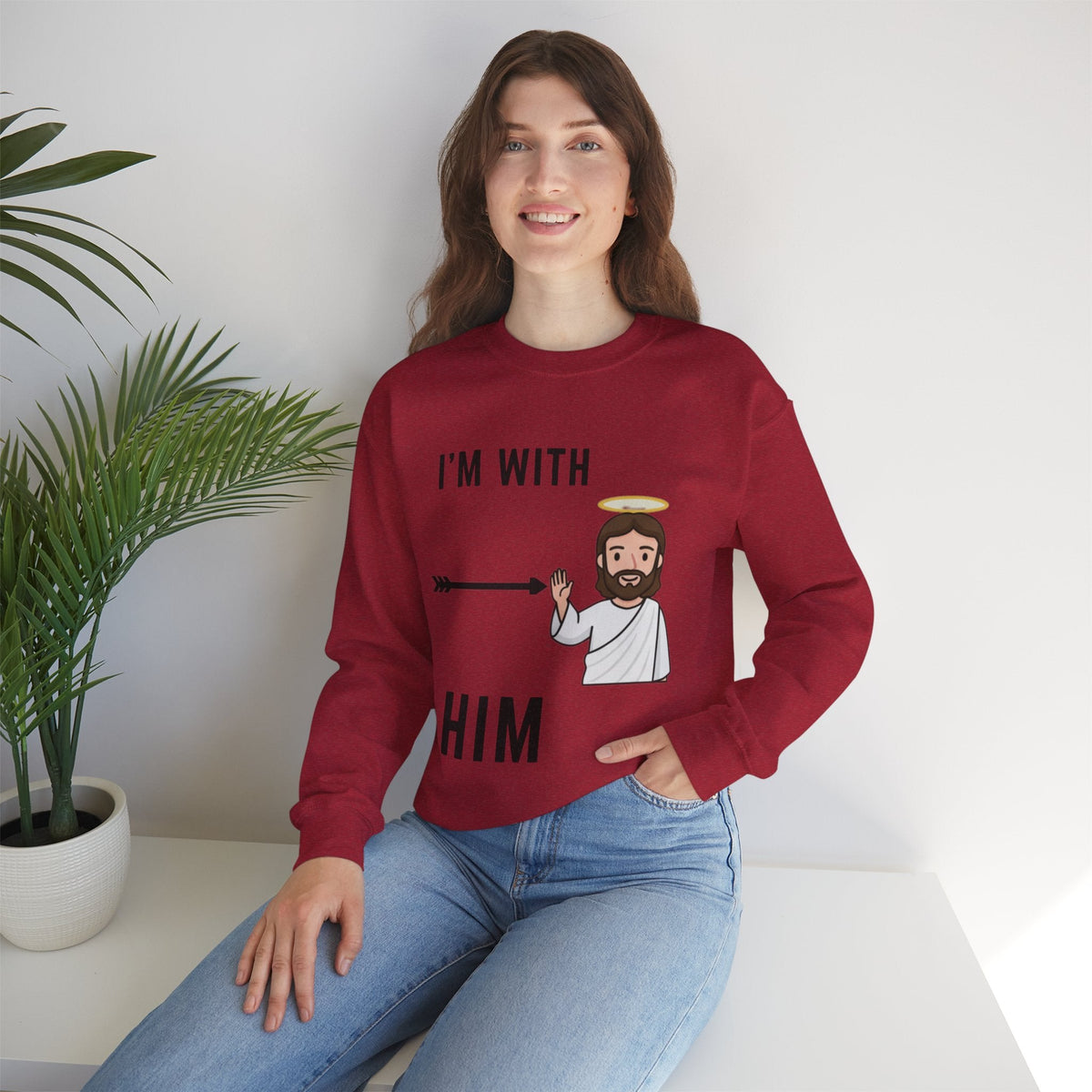 🔥 I’m With Him → Christian Sweatshirt | Arrow Pointing to Jesus | Minimalist Faith Tee | Subtle Cross Design | Bible-Inspired Apparel by Uplifted Gear Printify