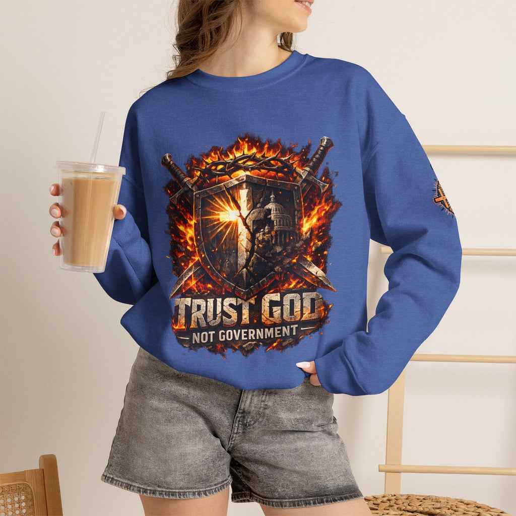 Trust God Not Government Shield Sweatshirt — Patriotic Christian Faith Sweatshirt Printify