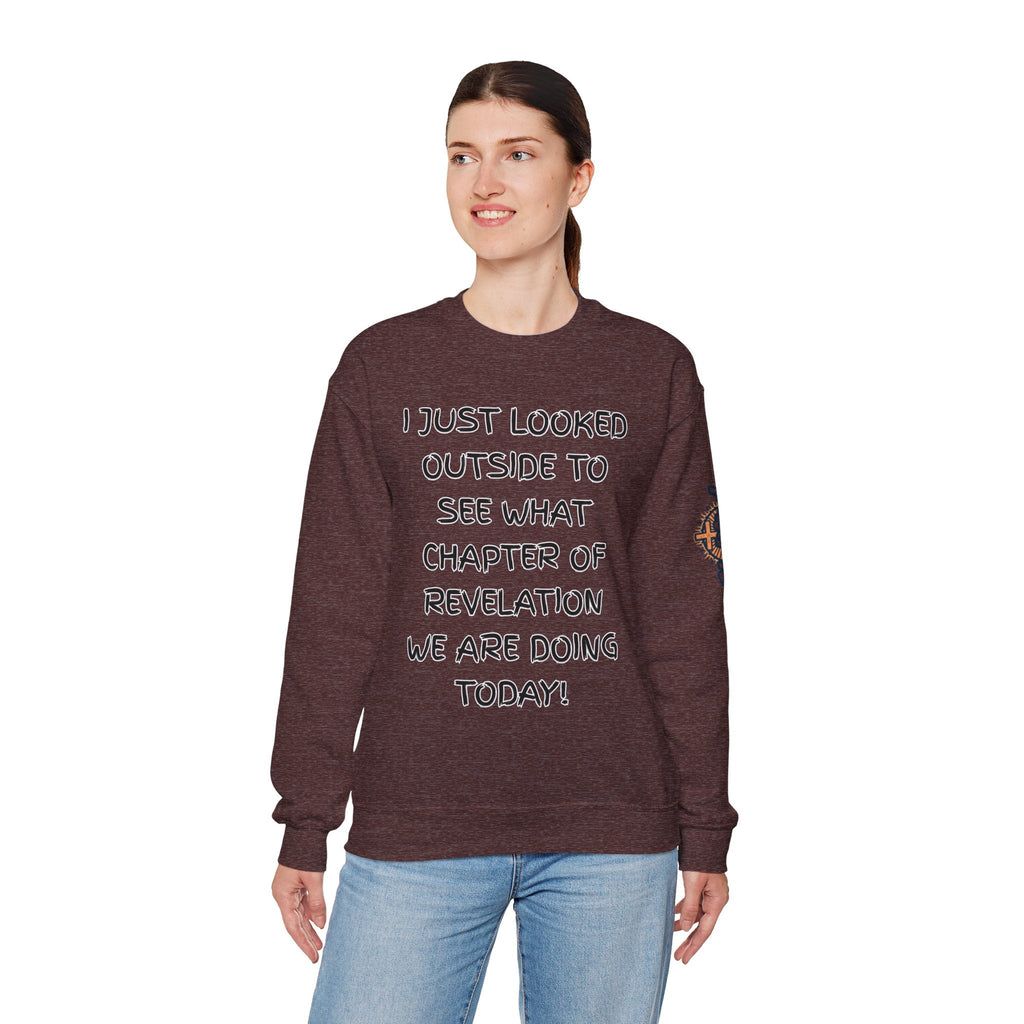What Chapter of Revelation Sweatshirt – I Looked Outside My Window Christian Sweatshirt for End Times Humor & Faith Printify
