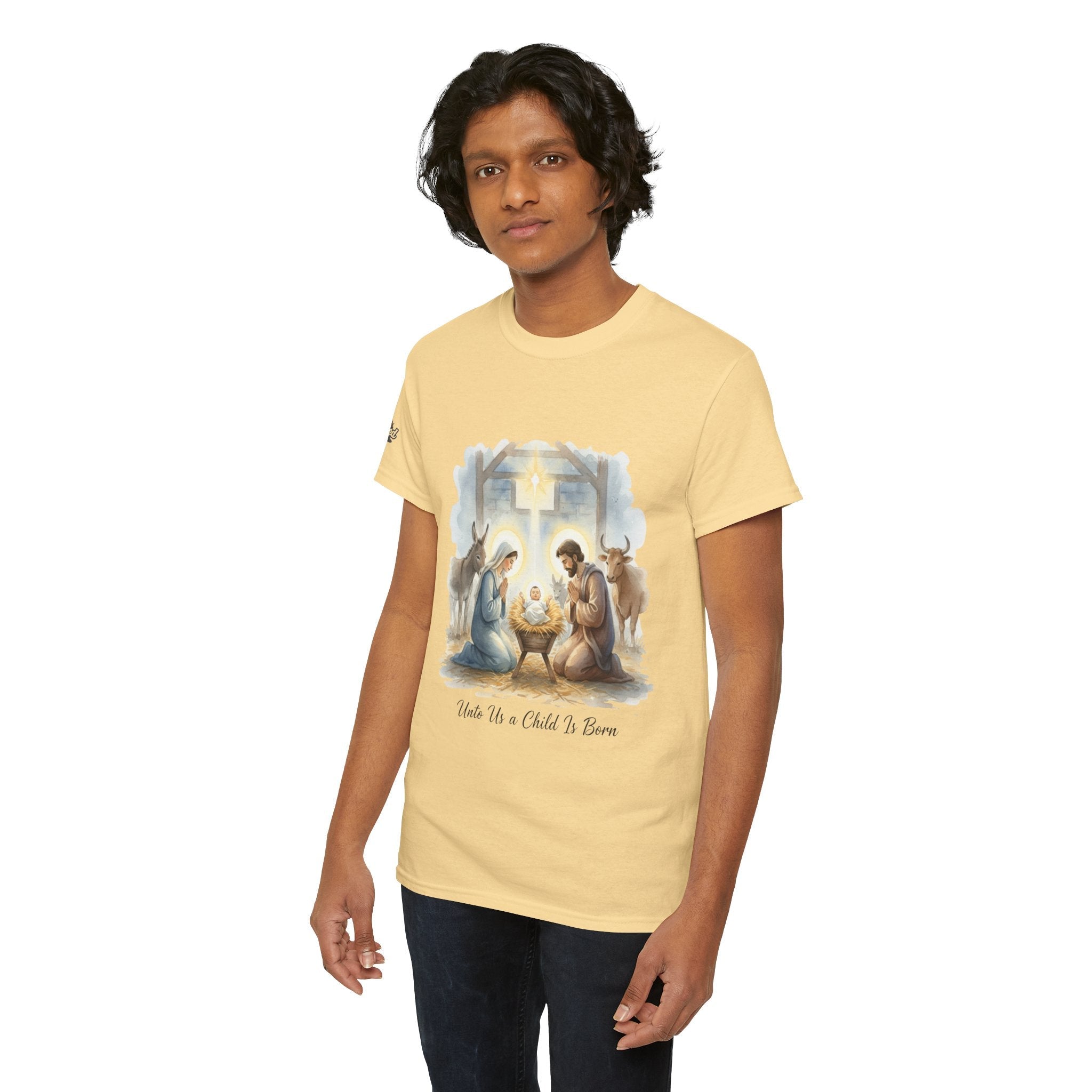 Unto Us a Child is Born T-shirt – Isaiah 9:6 Nativity Manger Scene Christian Christmas T-shirt for Holy Night Faith Printify