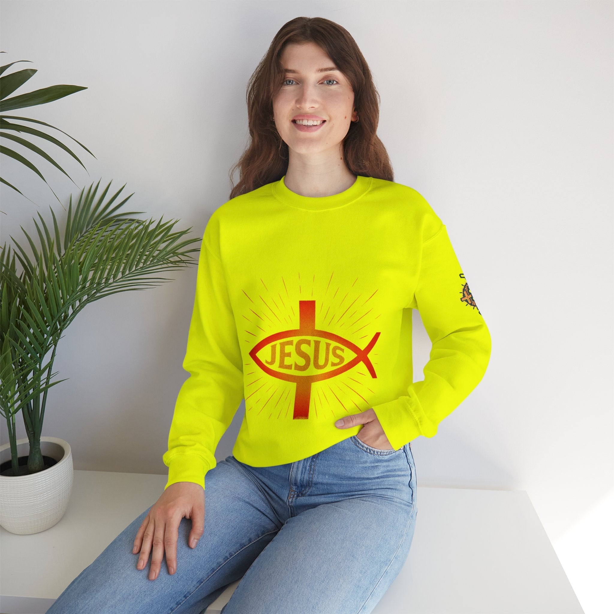 Jesus Ichthys Sweatshirt – Christian Fish Symbol with Cross & Jesus Inscription Sweatshirt for Eternal Faith & Streetwear Printify