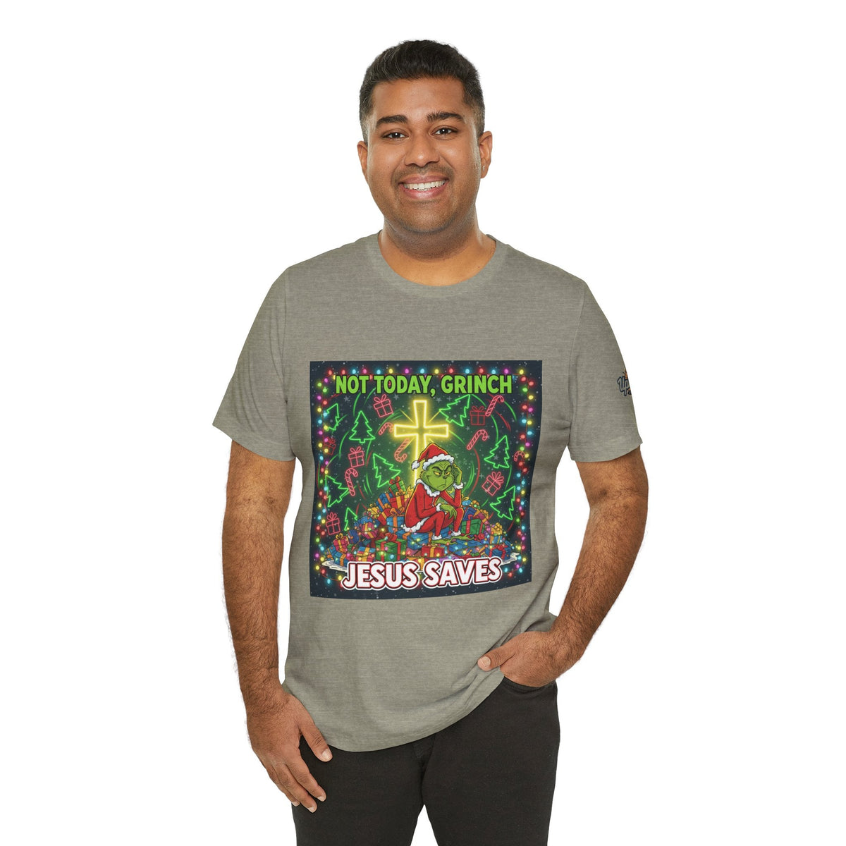🎄 Not Today, Grinch – Jesus Saves | Funny Christian Christmas T-Shirt | Festive Green & Red Cartoon Style | Bold Faith Holiday Tee by Uplifted Gear Printify