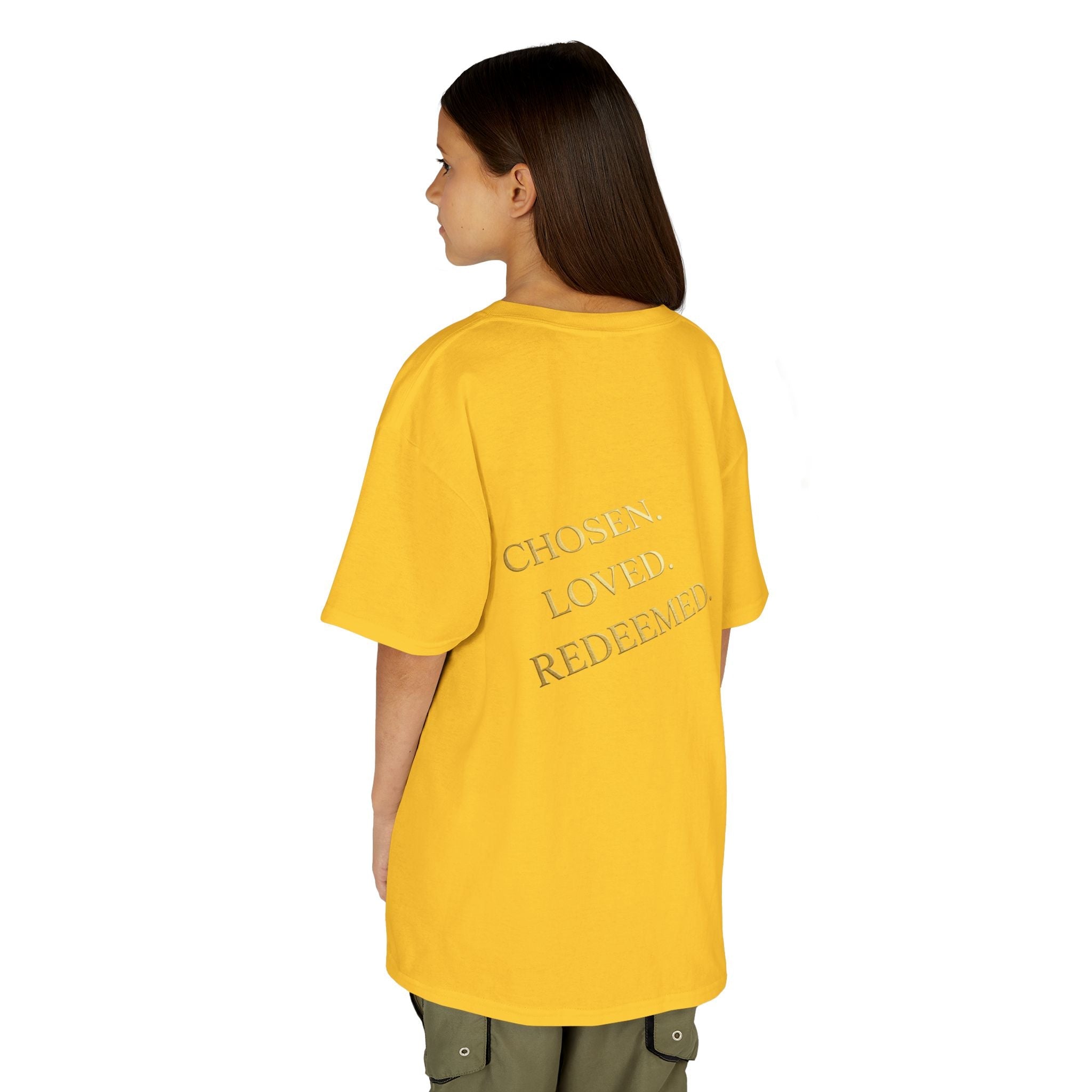 ✨ Chosen. Loved. Redeemed. – Elegant Christian Kids T-Shirt | Gold Foil Faith Tee | Subtle Cross & Heart Design | Inspirational Bible Verse Apparel by Uplifted Gear Printify