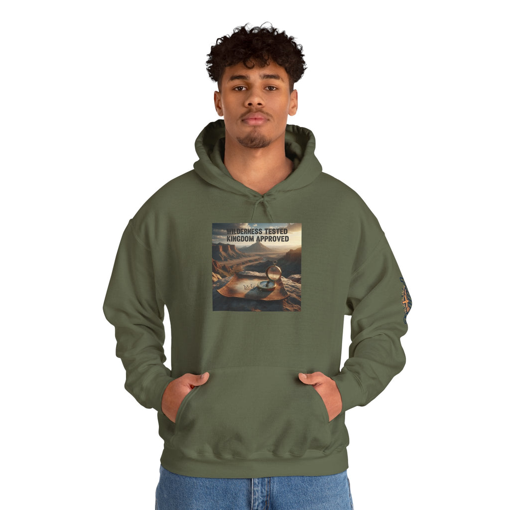 Wilderness Tested Kingdom Approved Hoodie – Mountain Desert Compass Crown Christian Sweatshirt for Biblical Adventure Faith Printify