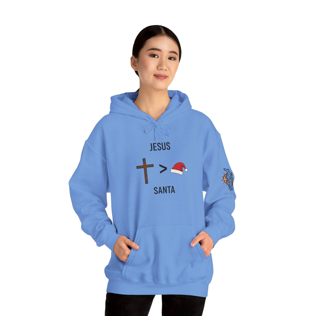 🎄 Jesus > Santa – Minimalist Christian Christmas Hoodie | Bold Faith Over Holiday Tee | Cross vs Santa Hat Design | Uplifted Gear Printify