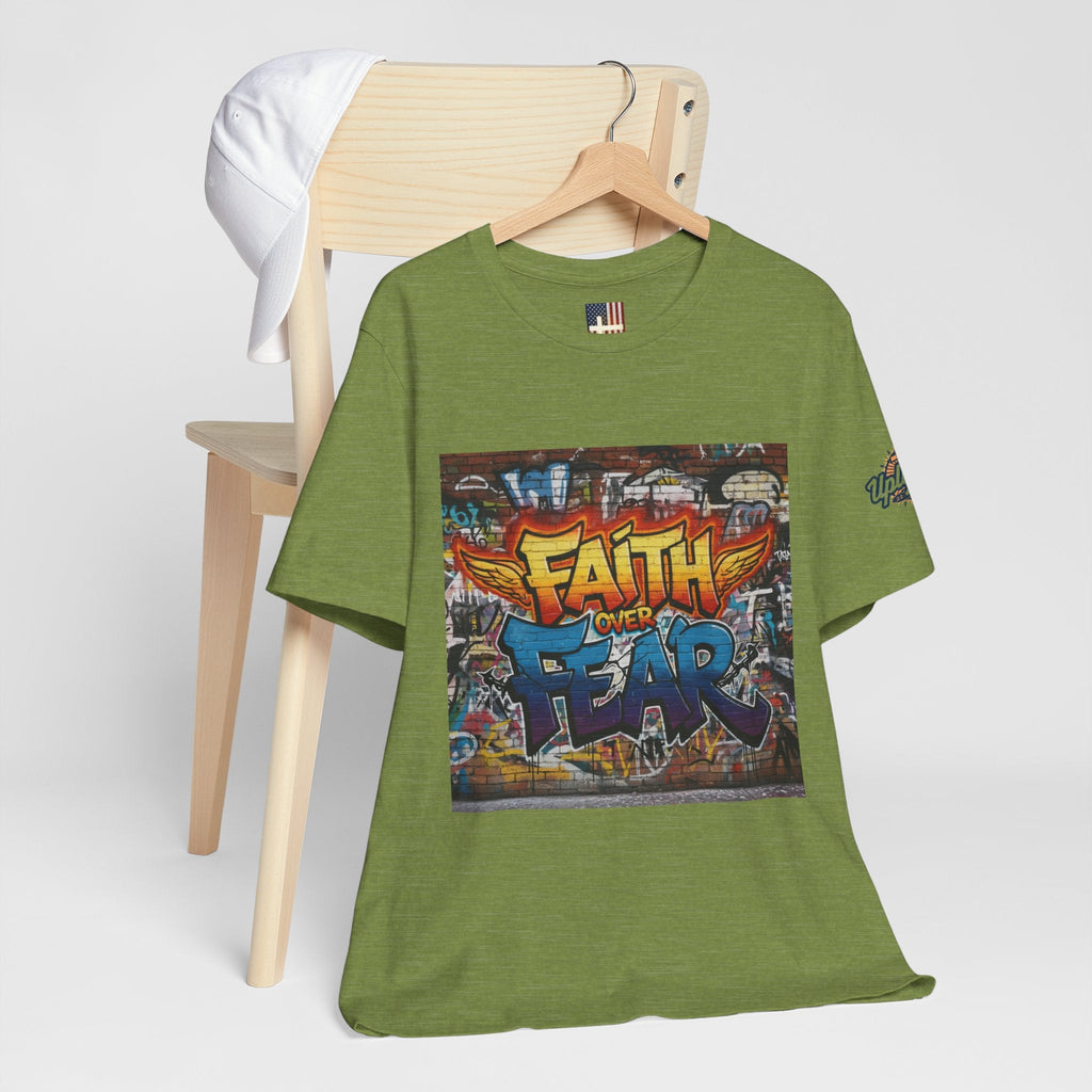 Faith Over Fear T-shirt – Graffiti Wall Christian T-shirt for Bold 2 Corinthians 5:7 Streetwear & Unshakable Faith Printify