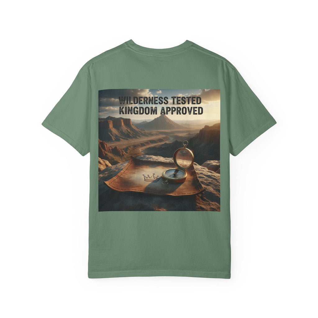 Wilderness Tested Kingdom Approved T-shirt – Mountain Desert Compass Crown Christian T-shirt for Biblical Adventure Faith Printify