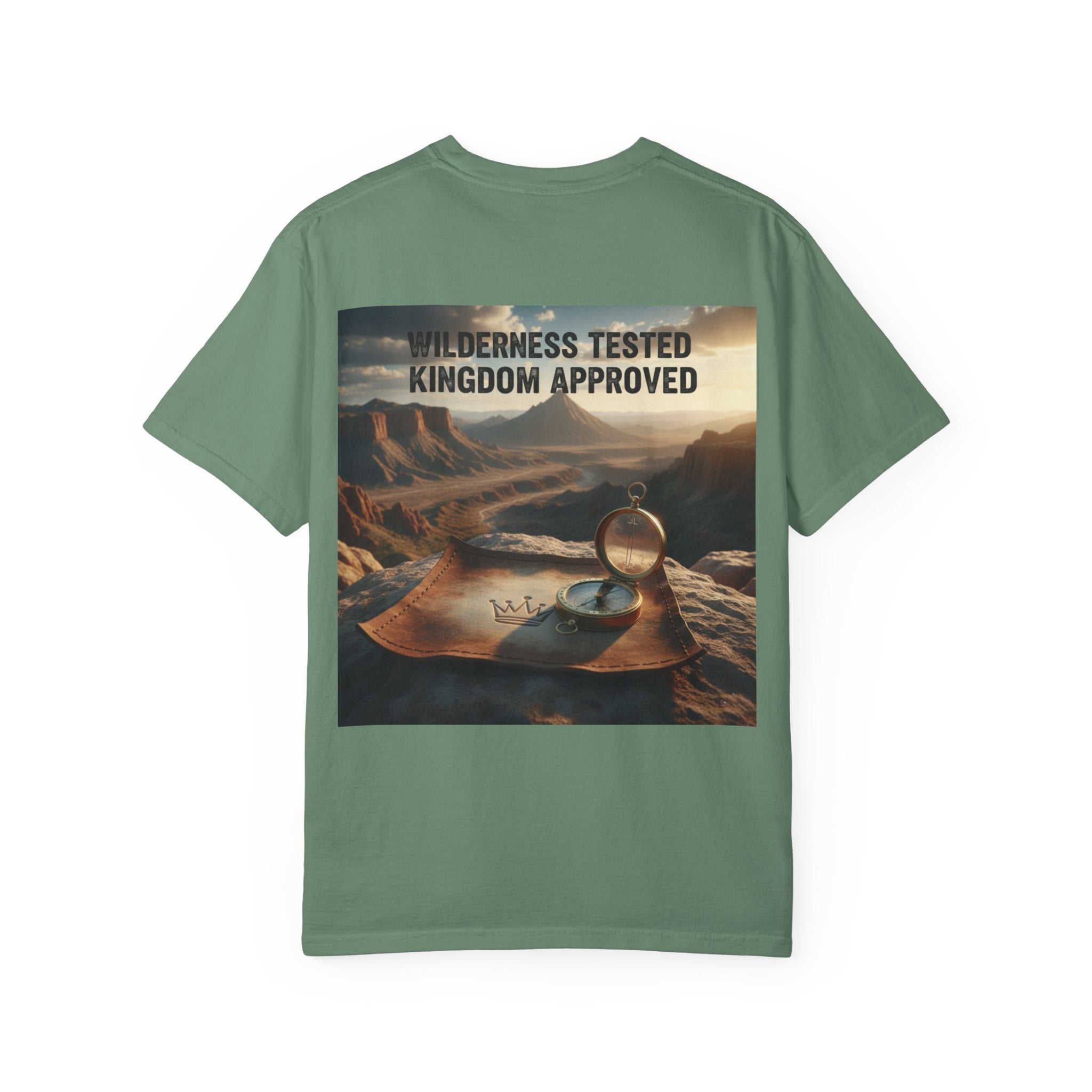 Wilderness Tested Kingdom Approved T-shirt – Mountain Desert Compass Crown Christian T-shirt for Biblical Adventure Faith Printify