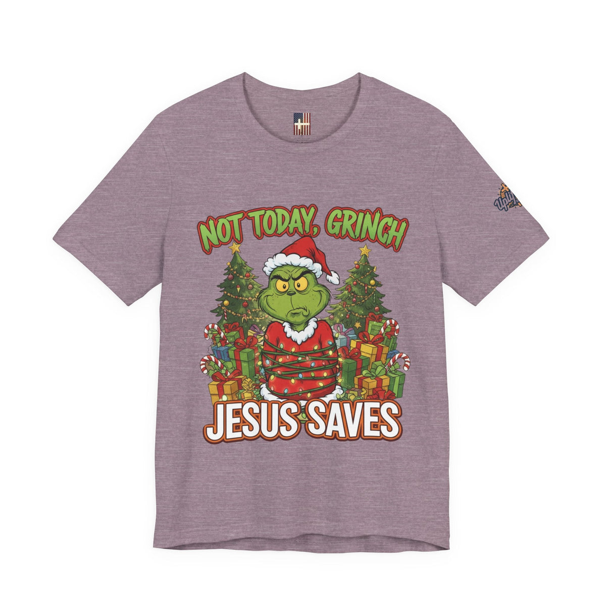 🎄 Not Today, Grinch – Jesus Saves | Funny Christian Christmas T-Shirt | Sulking Grinch & Glowing Cross | Bold Neon Faith Tee by Uplifted Gear Printify