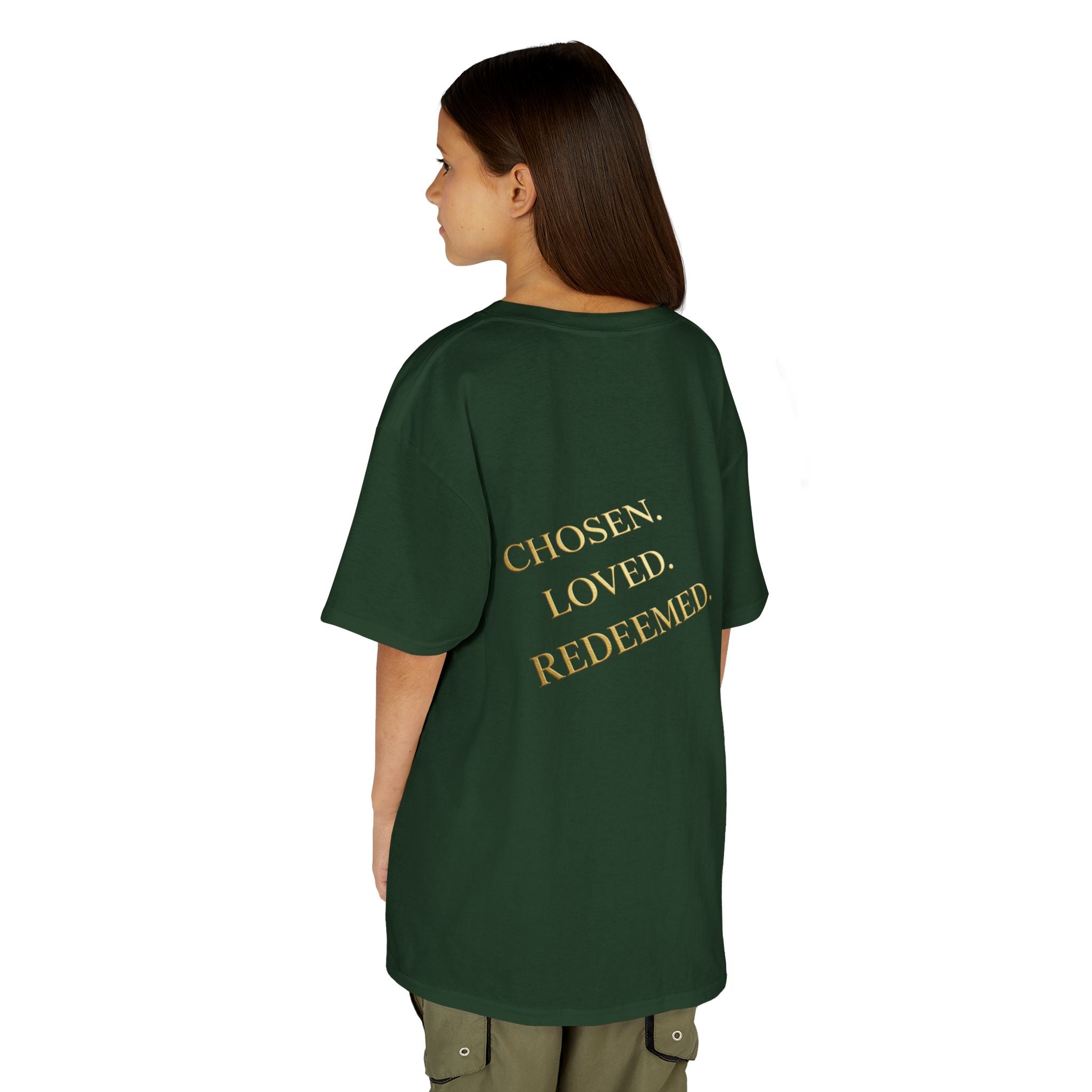 ✨ Chosen. Loved. Redeemed. – Elegant Christian Kids T-Shirt | Gold Foil Faith Tee | Subtle Cross & Heart Design | Inspirational Bible Verse Apparel by Uplifted Gear Printify