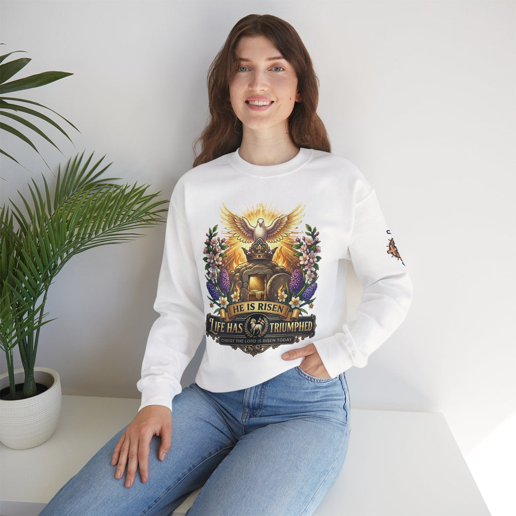He Is Risen "Life Has Triumphed" Sweatshirt — Easter Resurrection Christian Sweatshirt Printify