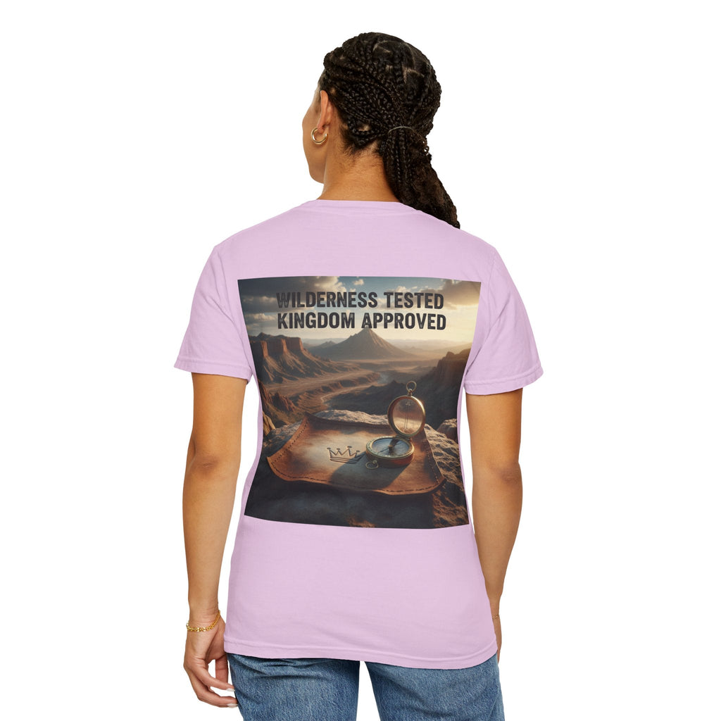 Wilderness Tested Kingdom Approved T-shirt – Mountain Desert Compass Crown Christian T-shirt for Biblical Adventure Faith Printify