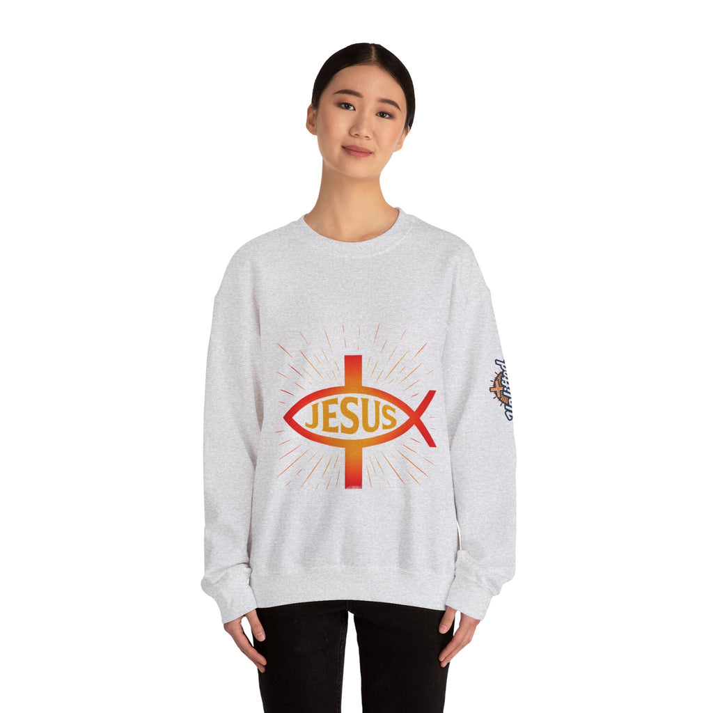 Jesus Ichthys Sweatshirt – Christian Fish Symbol with Cross & Jesus Inscription Sweatshirt for Eternal Faith & Streetwear Printify