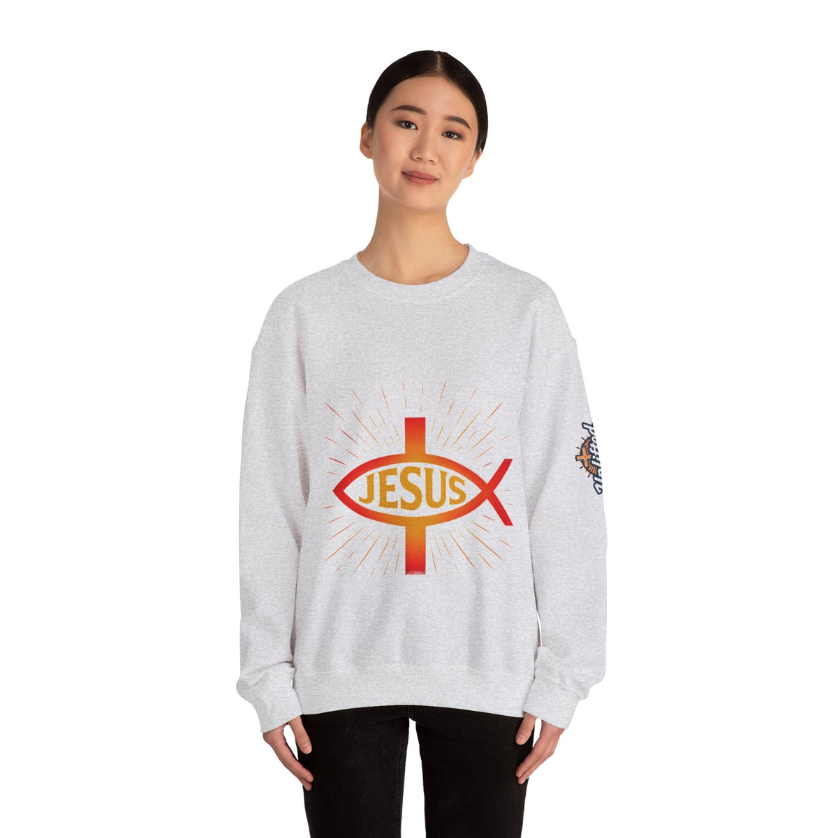 Jesus Ichthys Sweatshirt – Christian Fish Symbol with Cross & Jesus Inscription Sweatshirt for Eternal Faith & Streetwear Printify