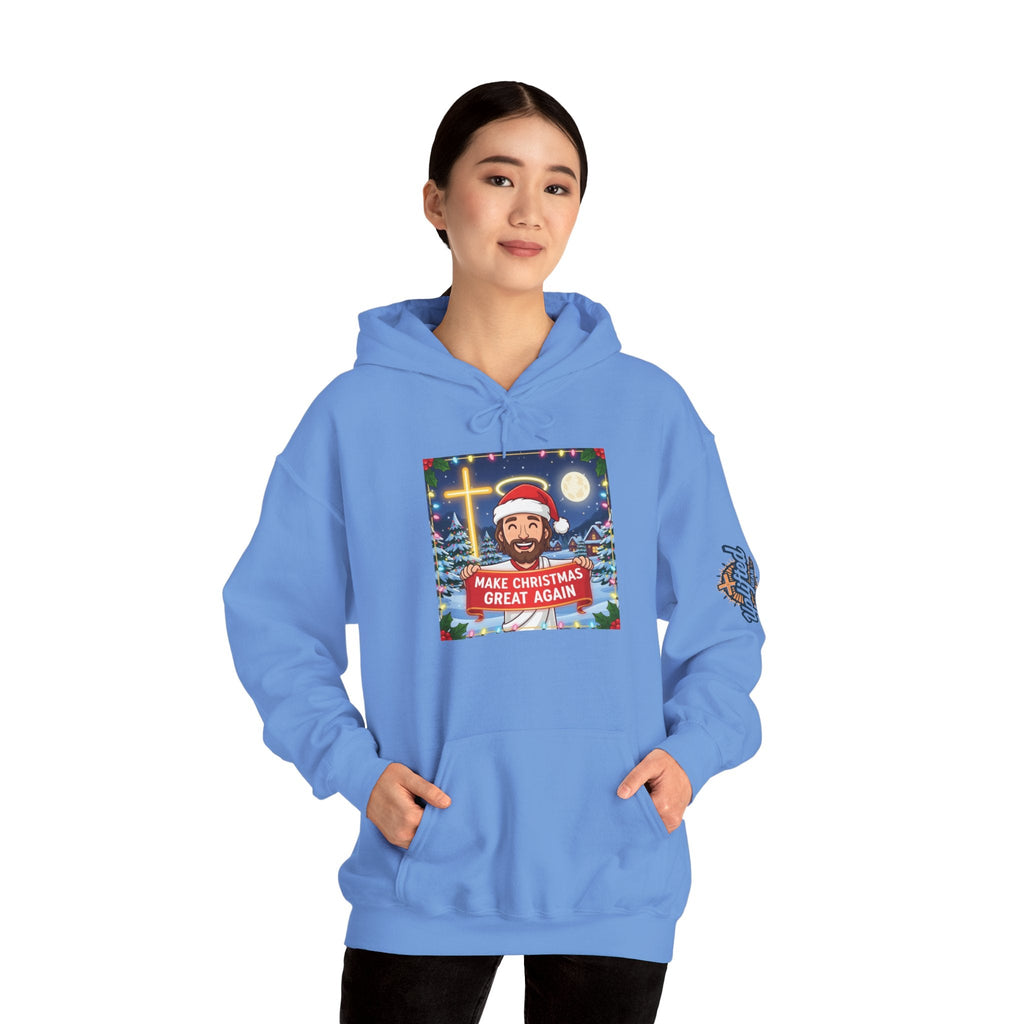 🎄 Make Christmas Great Again – Funny Christian Hoodie | Jesus Holding Banner | Faith-Based Holiday Parody Tee | Uplifted Gear Printify