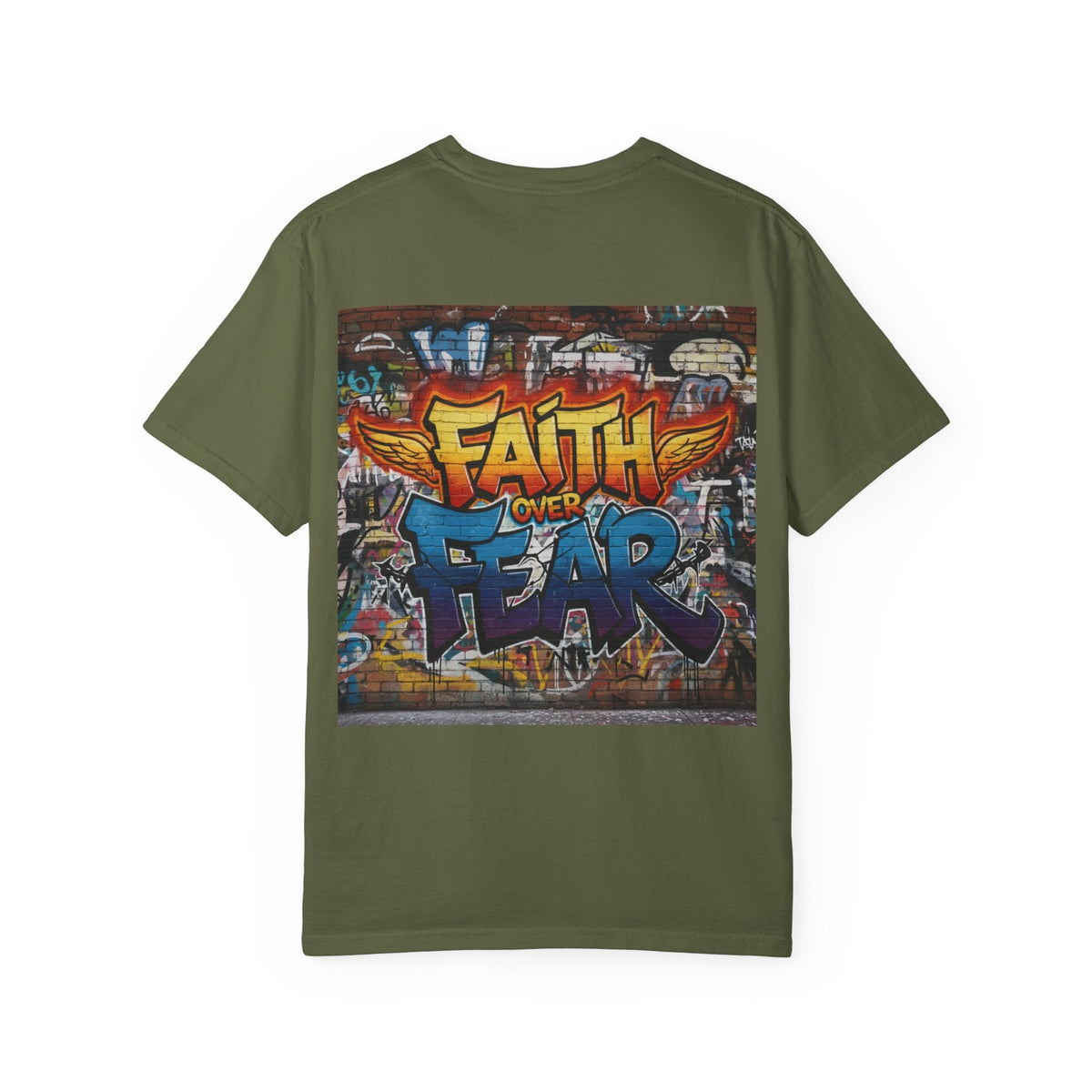 Faith Over Fear T-shirt – Graffiti Wall Christian T-shirt for Bold 2 Corinthians 5:7 Streetwear & Unshakable Faith Printify
