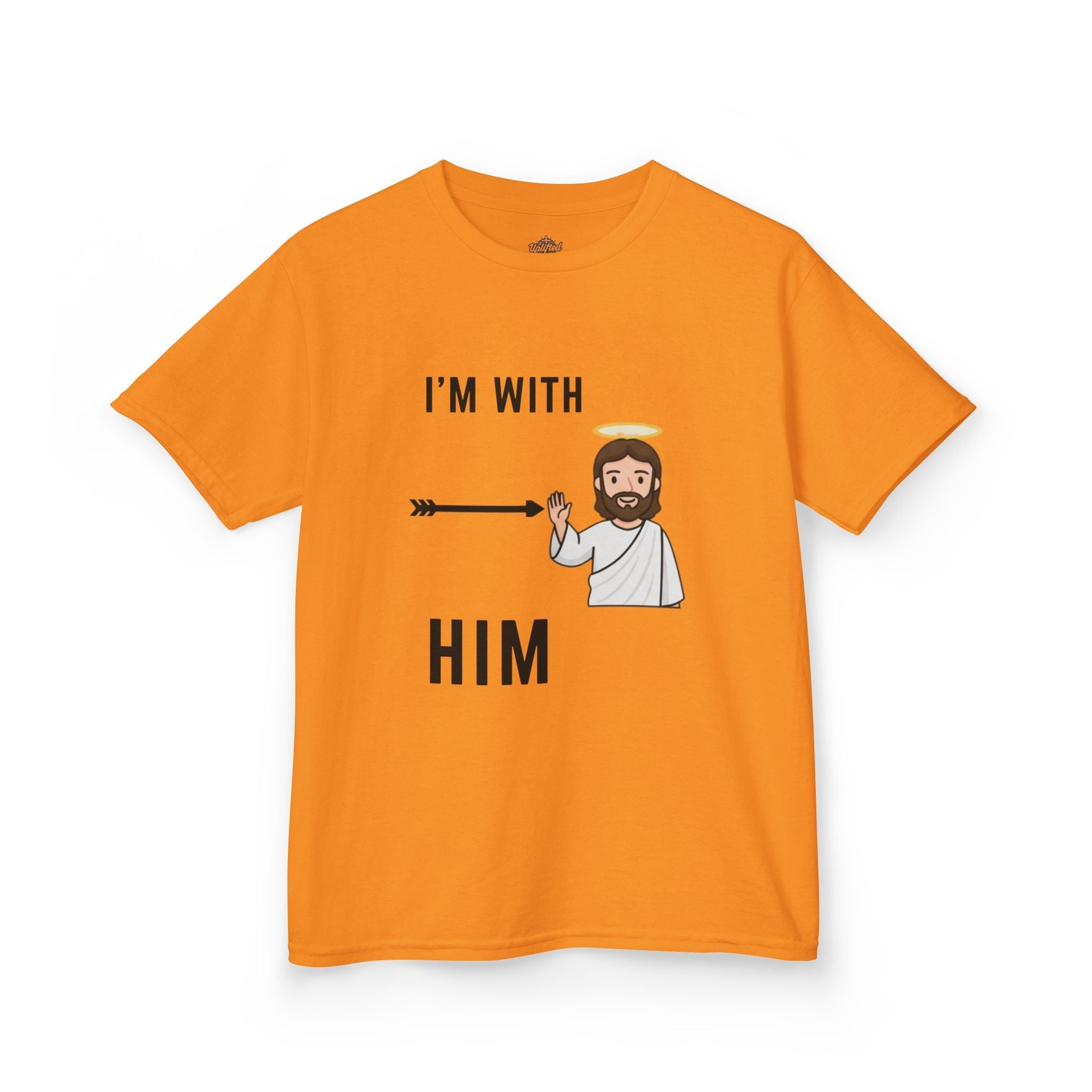 🔥 I’m With Him → Christian Kids T-Shirt | Arrow Pointing to Jesus | Minimalist Faith Tee | Subtle Cross Design | Bible-Inspired Apparel by Uplifted Gear Printify