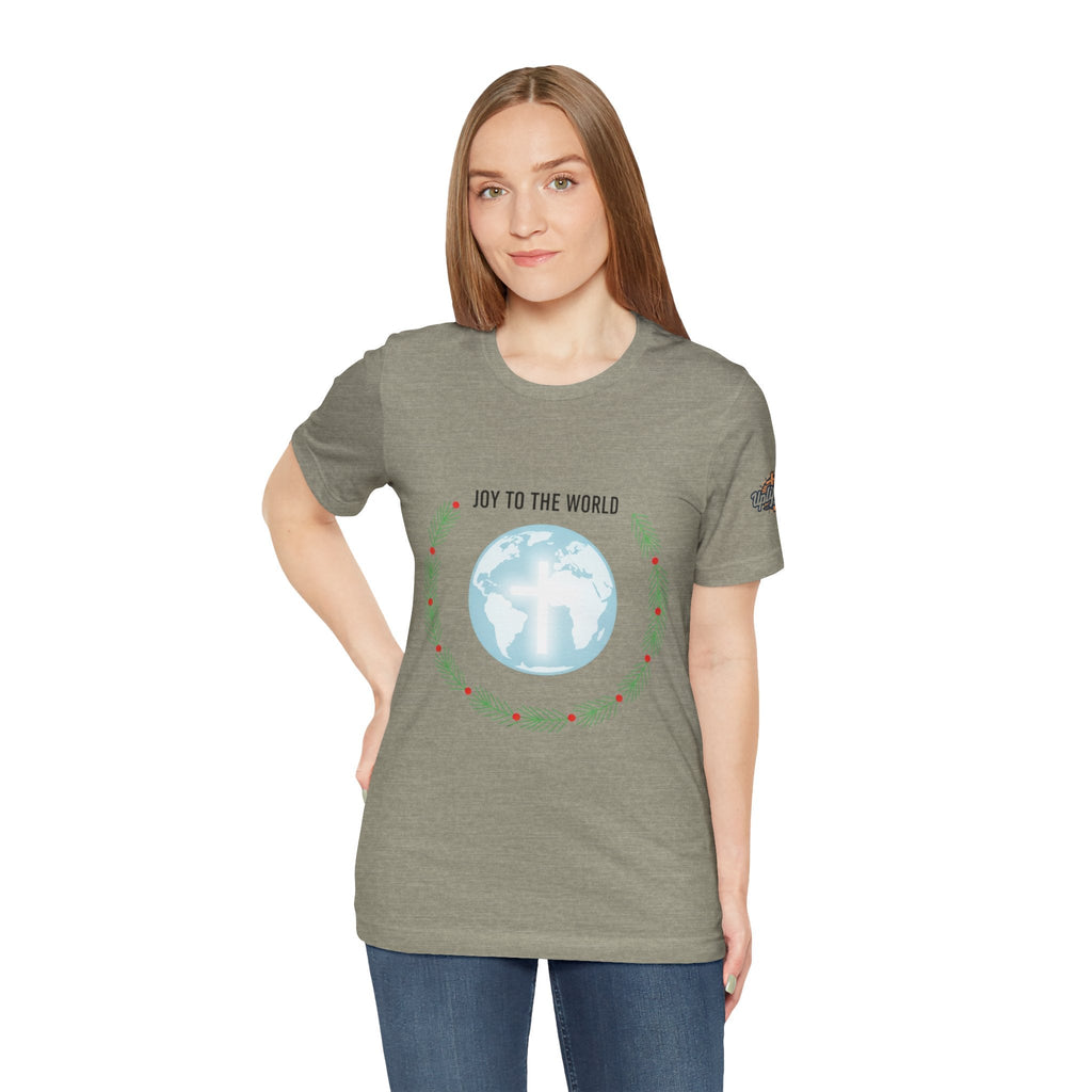Joy to the World T-shirt – Wreath Earth Nativity Christian Christmas T-shirt for Isaiah 9:6 Holiday Faith & Festive Joy Printify