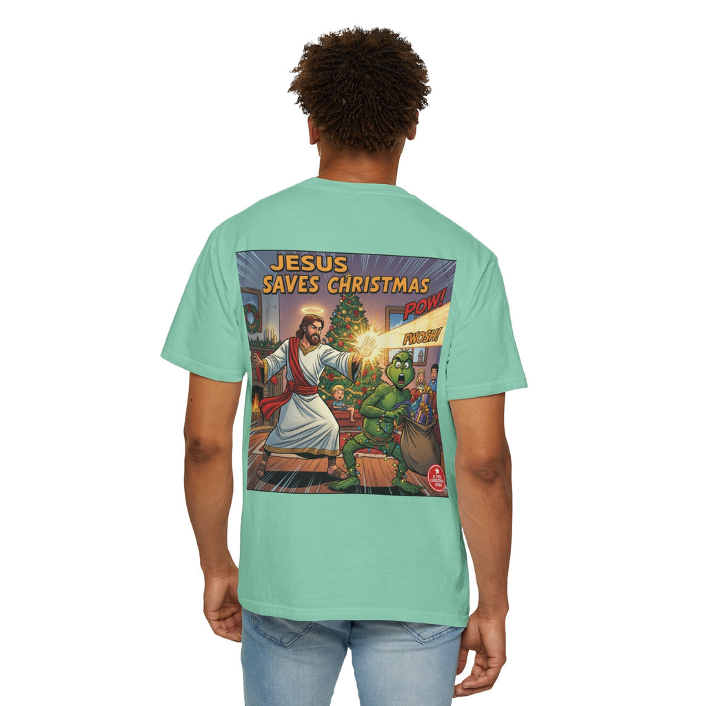 Jesus Saves Christmas T-shirt – Grinch vs Savior Light Battle Christian T-shirt for Hilarious Holiday Faith & True Joy Printify