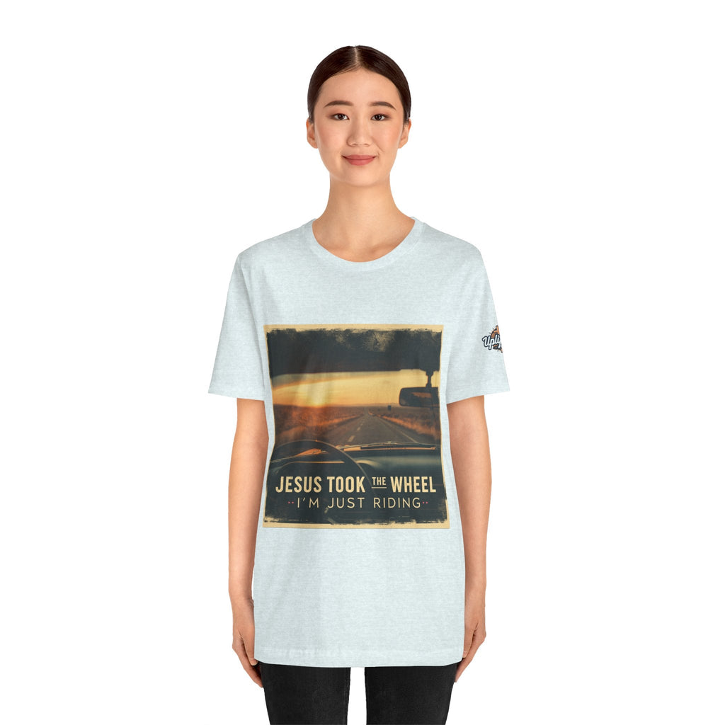 Jesus Took the Wheel I'm Just Riding T-shirt – Funny Christian Convertible Car T-shirt for Surrendered Faith & Humor Printify