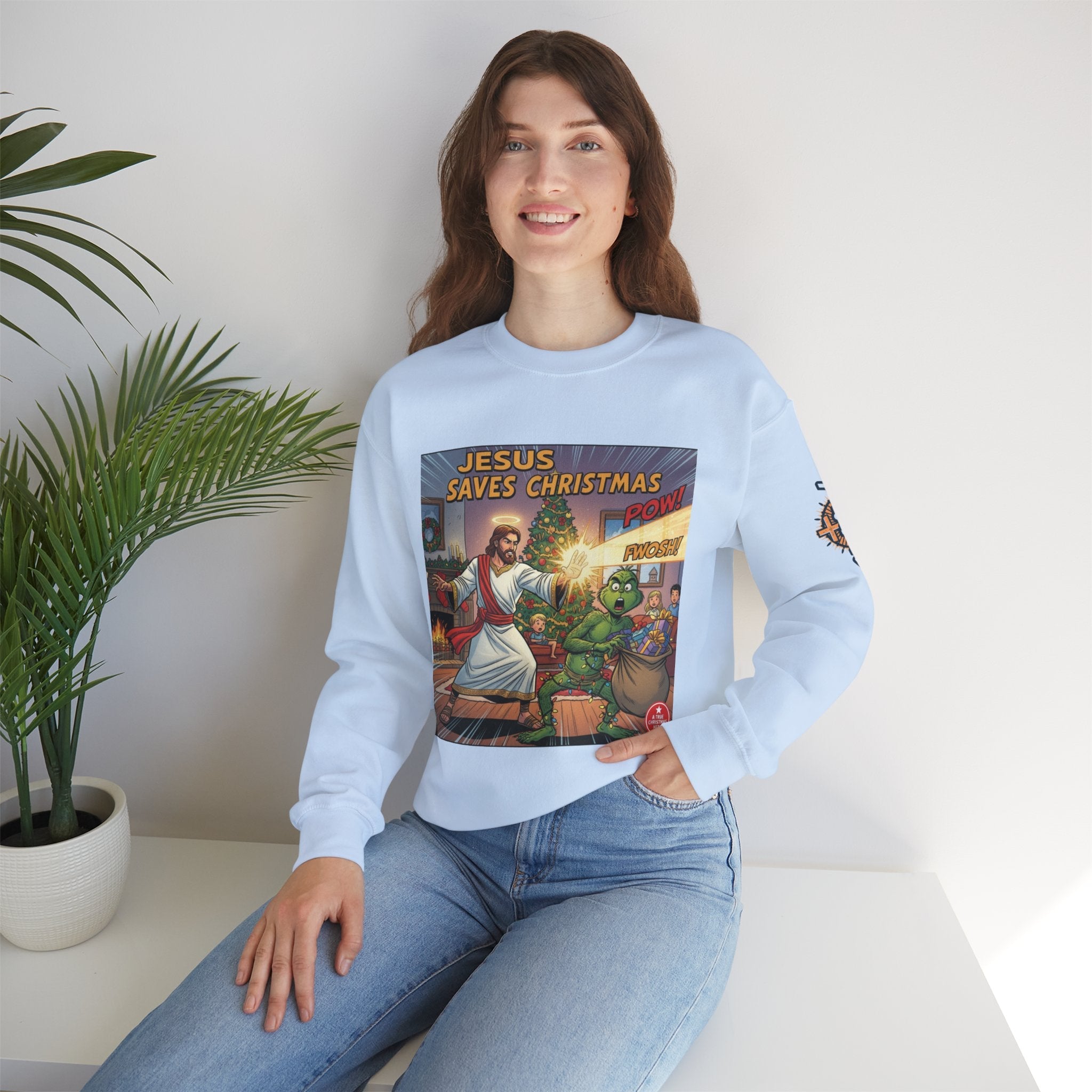 Jesus Saves Christmas Sweatshirt – Grinch vs Savior Light Battle Christian Sweatshirt for Hilarious Holiday Faith & True Joy Printify