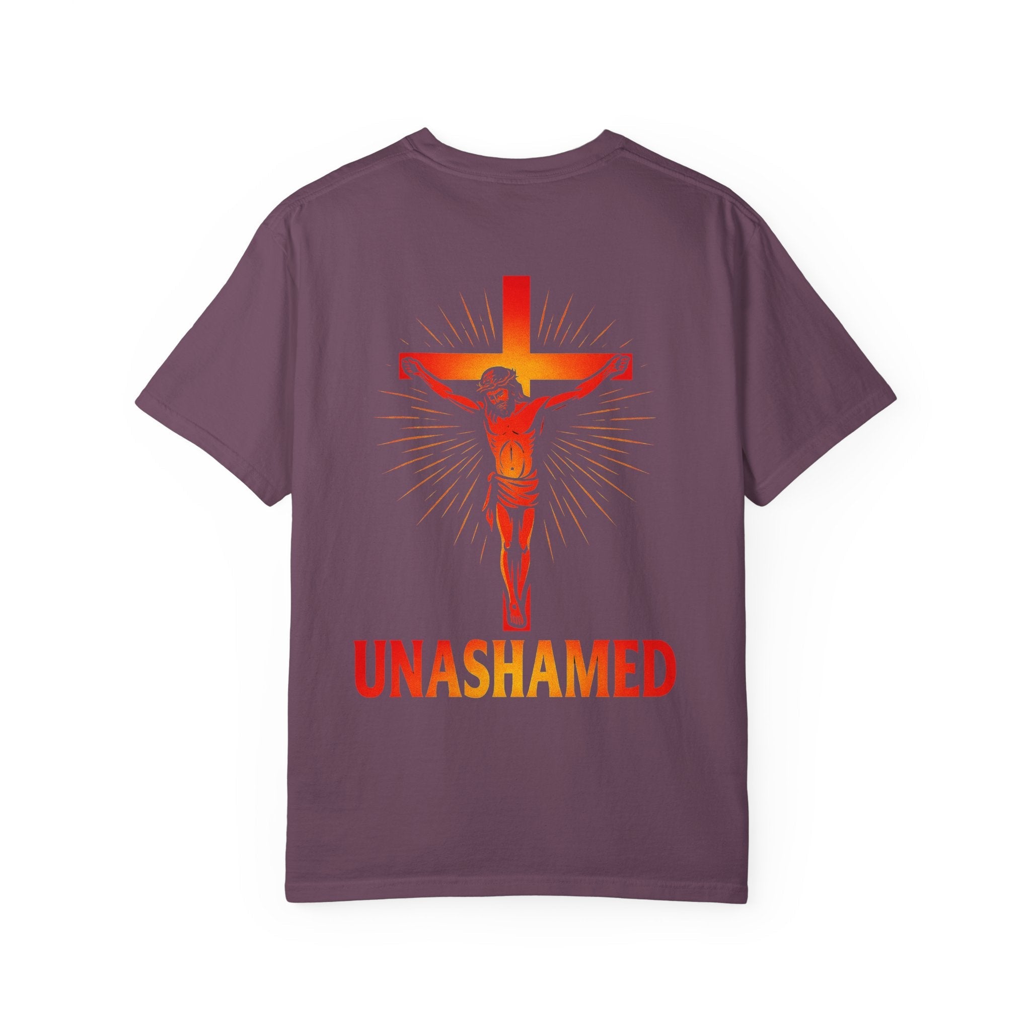 Unashamed T-shirt – Romans 1:16 Crucifixion Christian t-shirt for Bold Unwavering Faith Red Printify