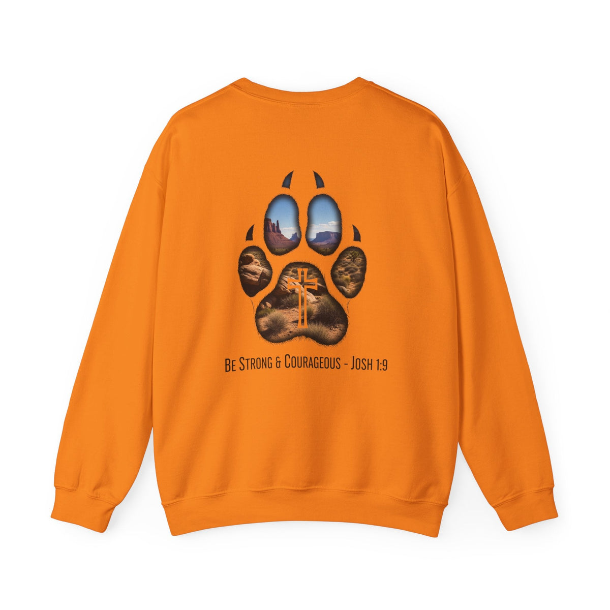 Strong and Courageous Sweatshirt – Joshua 1:9 Canine Pawprint Desert Christian Sweatshirt for Dog Lovers Printify