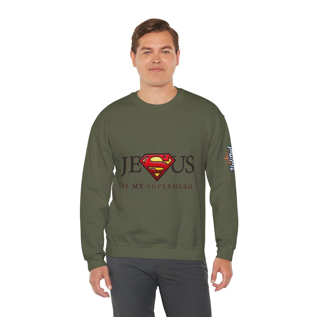 Jesus Is My Superhero Crewneck Sweatshirt Printify