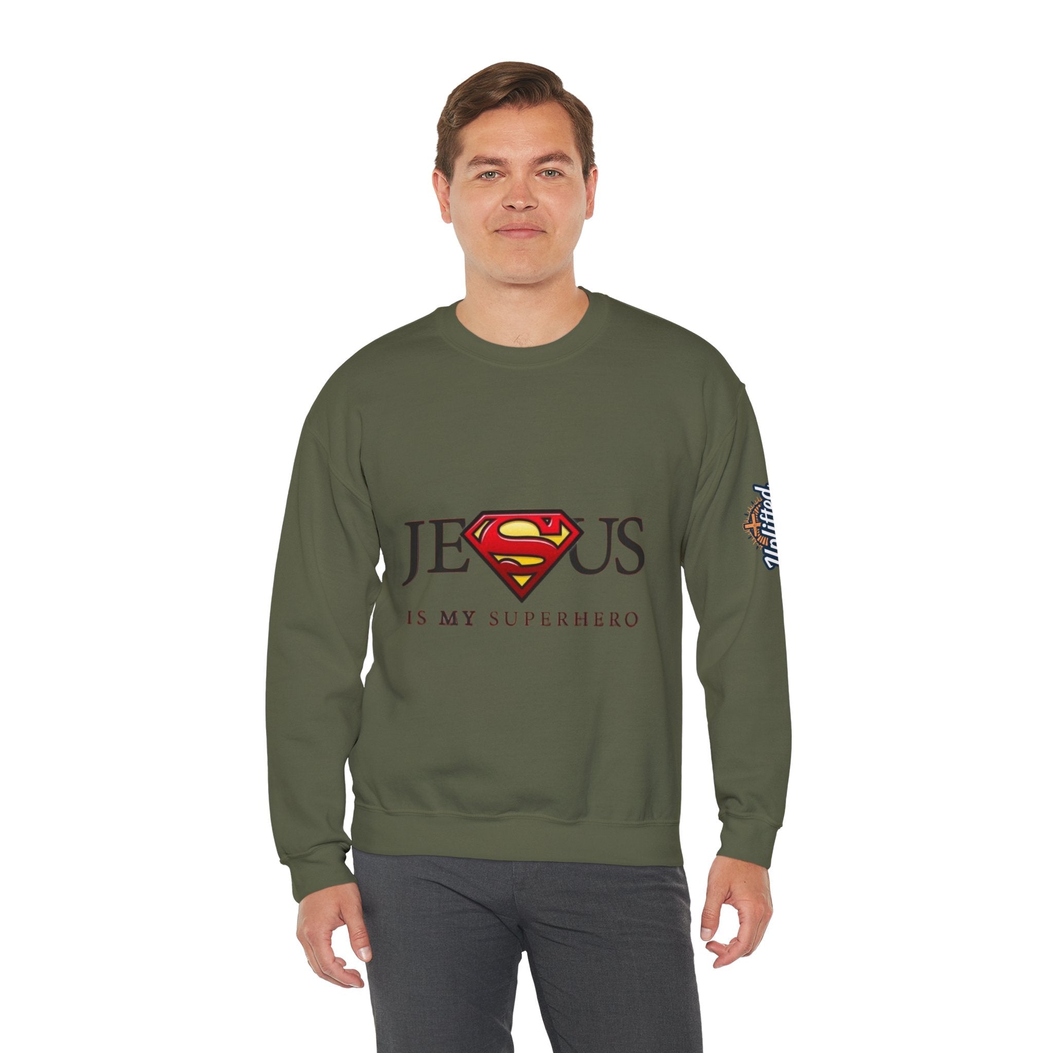 Jesus Is My Superhero Crewneck Sweatshirt Printify