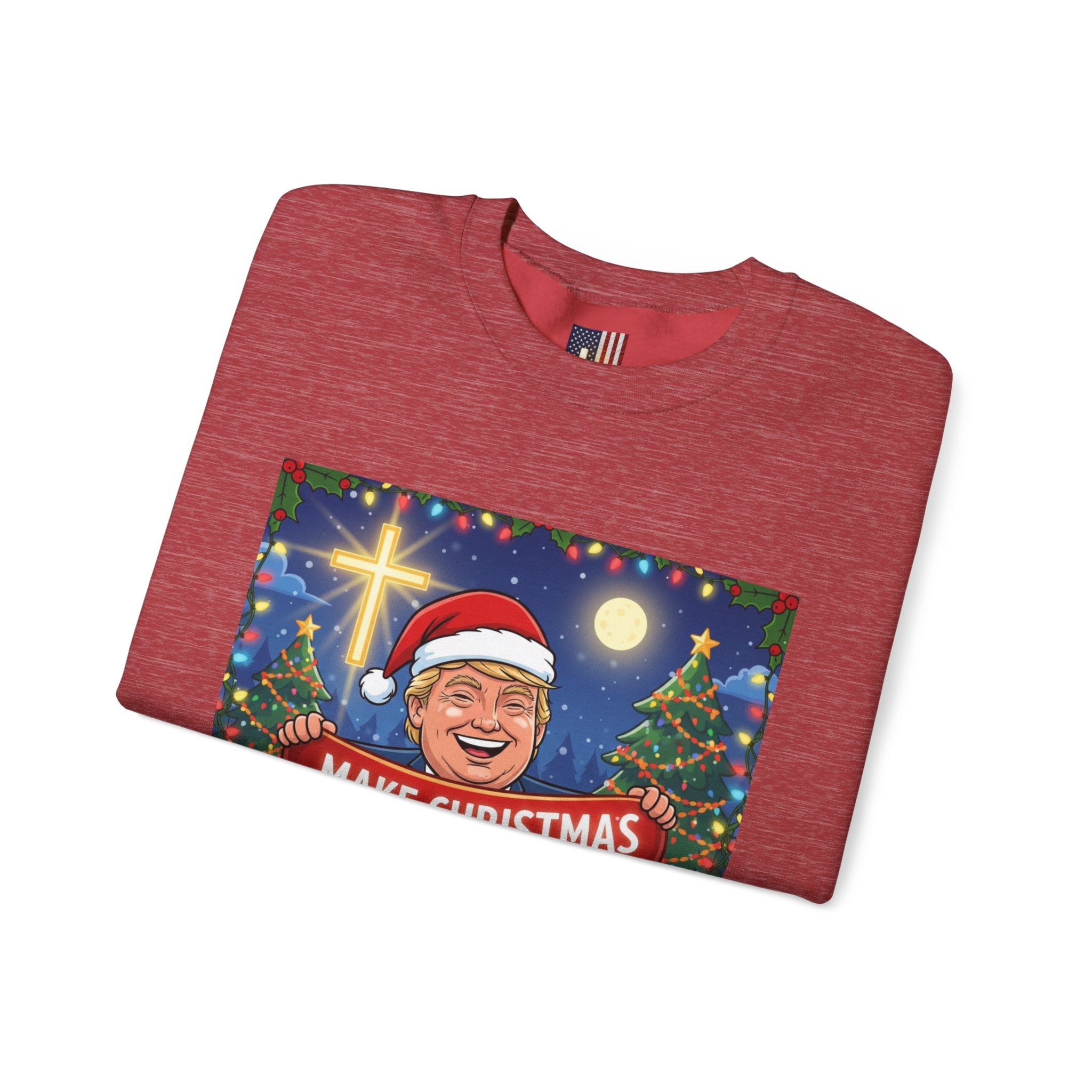 🎄 Make Christmas Great Again – Patriotic Christian Christmas Sweatshirt | Bold Holiday Faith Tee | Red & White Banner Design | Uplifted Gear Printify