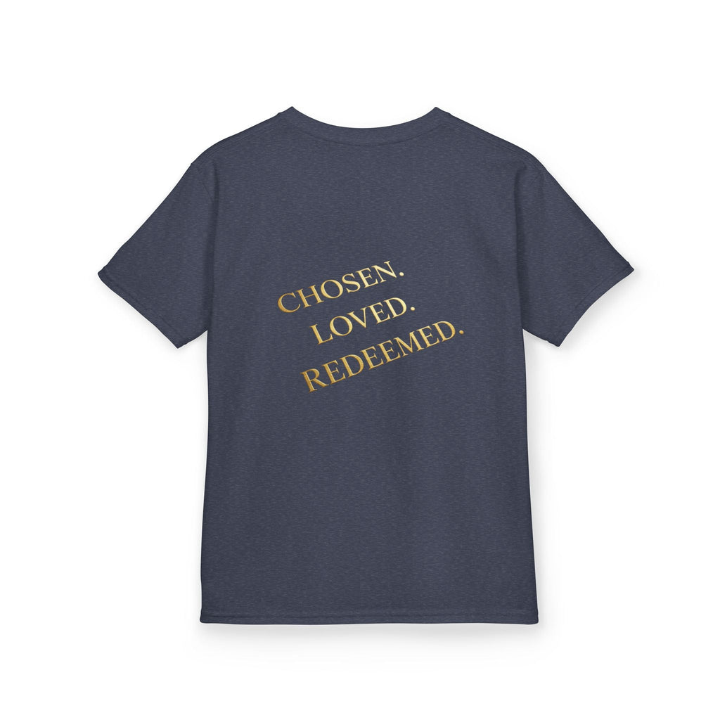 ✨ Chosen. Loved. Redeemed. – Elegant Christian Kids T-Shirt | Gold Foil Faith Tee | Subtle Cross & Heart Design | Inspirational Bible Verse Apparel by Uplifted Gear Printify