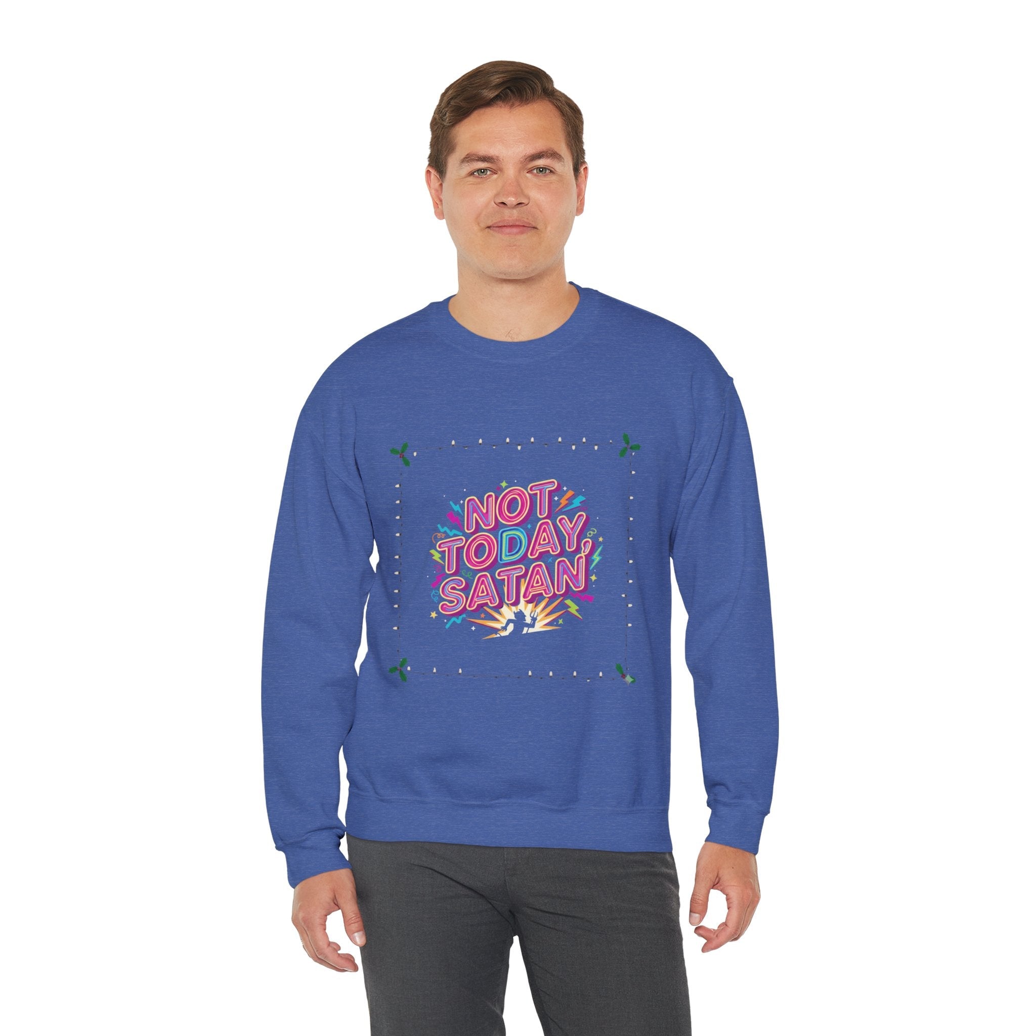 🔥 Not Today, Satan – Retro 90s Christian Sweatshirt | Neon Faith Tee | Funky Cartoon Devil | Bold Bible Verse Shirt | Uplifted Gear Printify