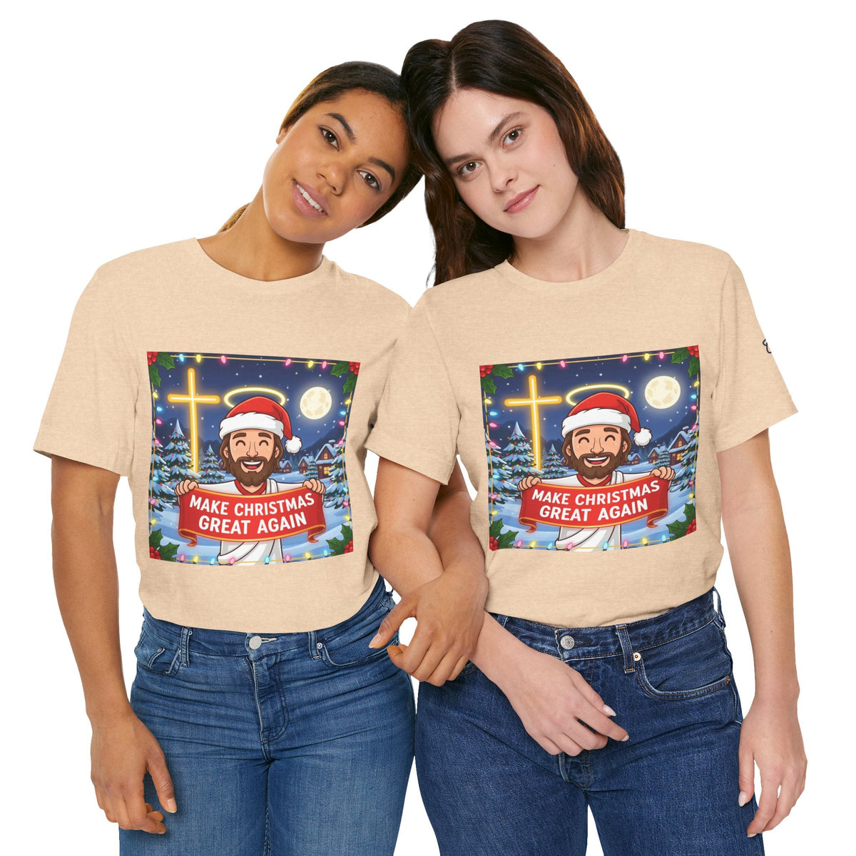 🎄 Make Christmas Great Again – Funny Christian T-Shirt | Jesus Holding Banner | Faith-Based Holiday Parody Tee | Uplifted Gear Printify