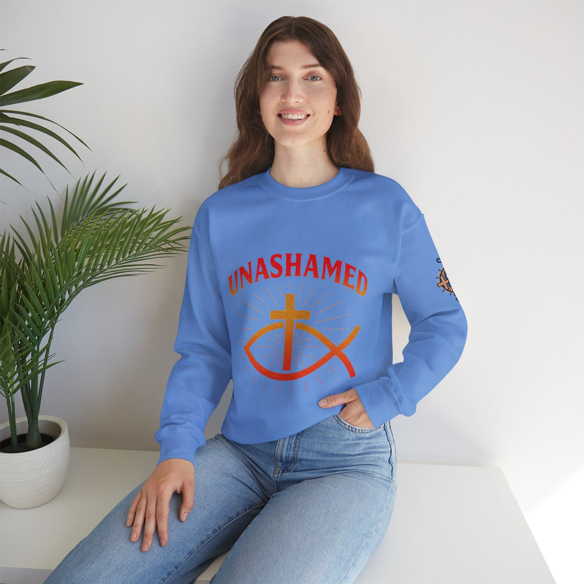 Unashamed Sweatshirt – Ichthys Jesus Fish & Cross Christian Sweatshirt for Romans 1:16 Bold Faith Printify