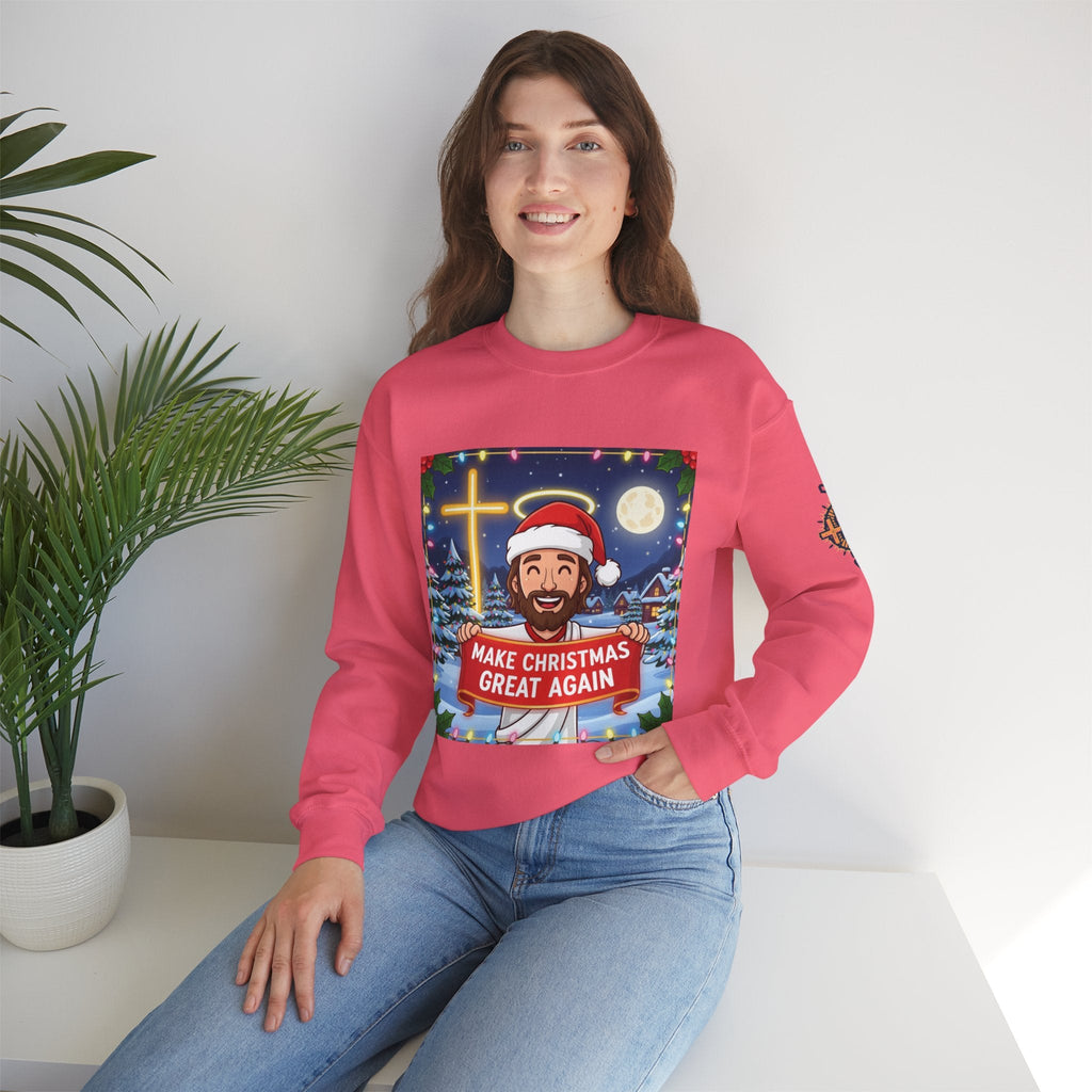 🎄 Make Christmas Great Again – Funny Christian Sweatshirt | Jesus Holding Banner | Faith-Based Holiday Parody Tee | Uplifted Gear Printify