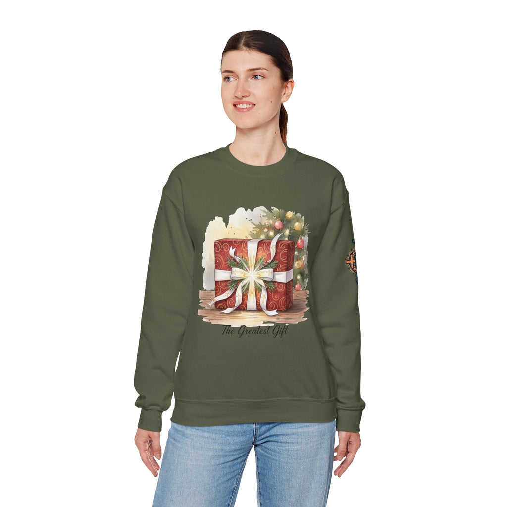 The Greatest Gift Sweatshirt – Cross Bow Present Christian Sweatshirt for Christmas Salvation & Eternal Faith Printify