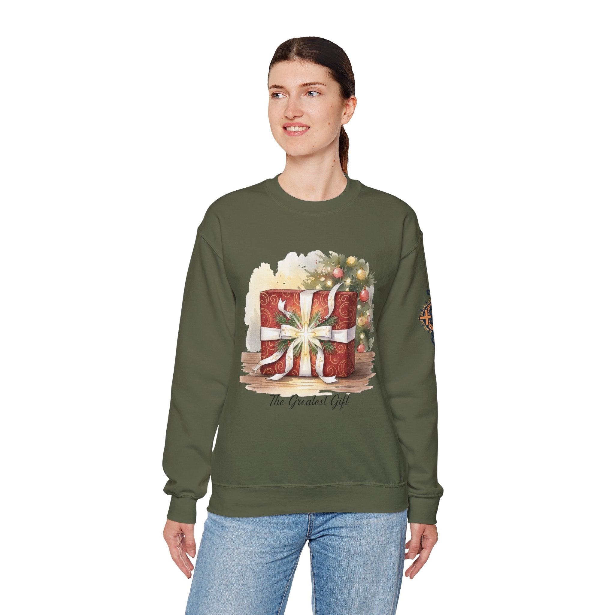 The Greatest Gift Sweatshirt – Cross Bow Present Christian Sweatshirt for Christmas Salvation & Eternal Faith Printify