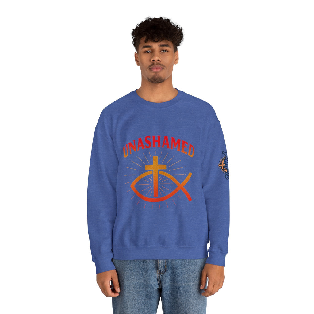 Unashamed Sweatshirt – Ichthys Jesus Fish & Cross Christian Sweatshirt for Romans 1:16 Bold Faith Printify