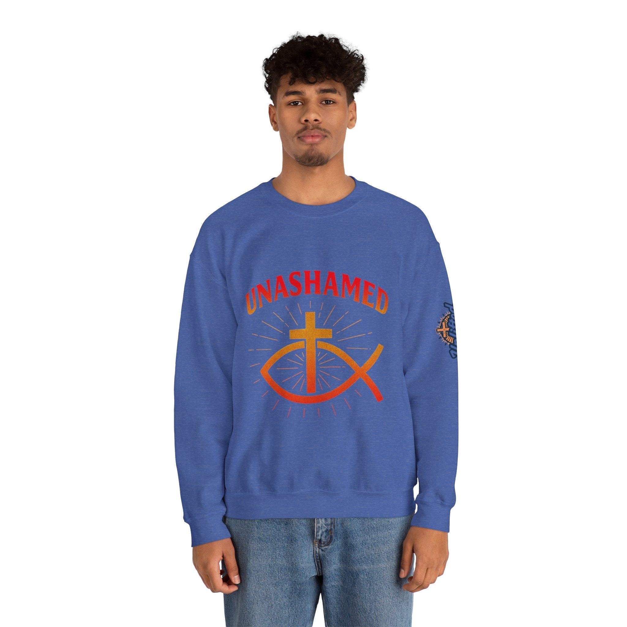 Unashamed Sweatshirt – Ichthys Jesus Fish & Cross Christian Sweatshirt for Romans 1:16 Bold Faith Printify