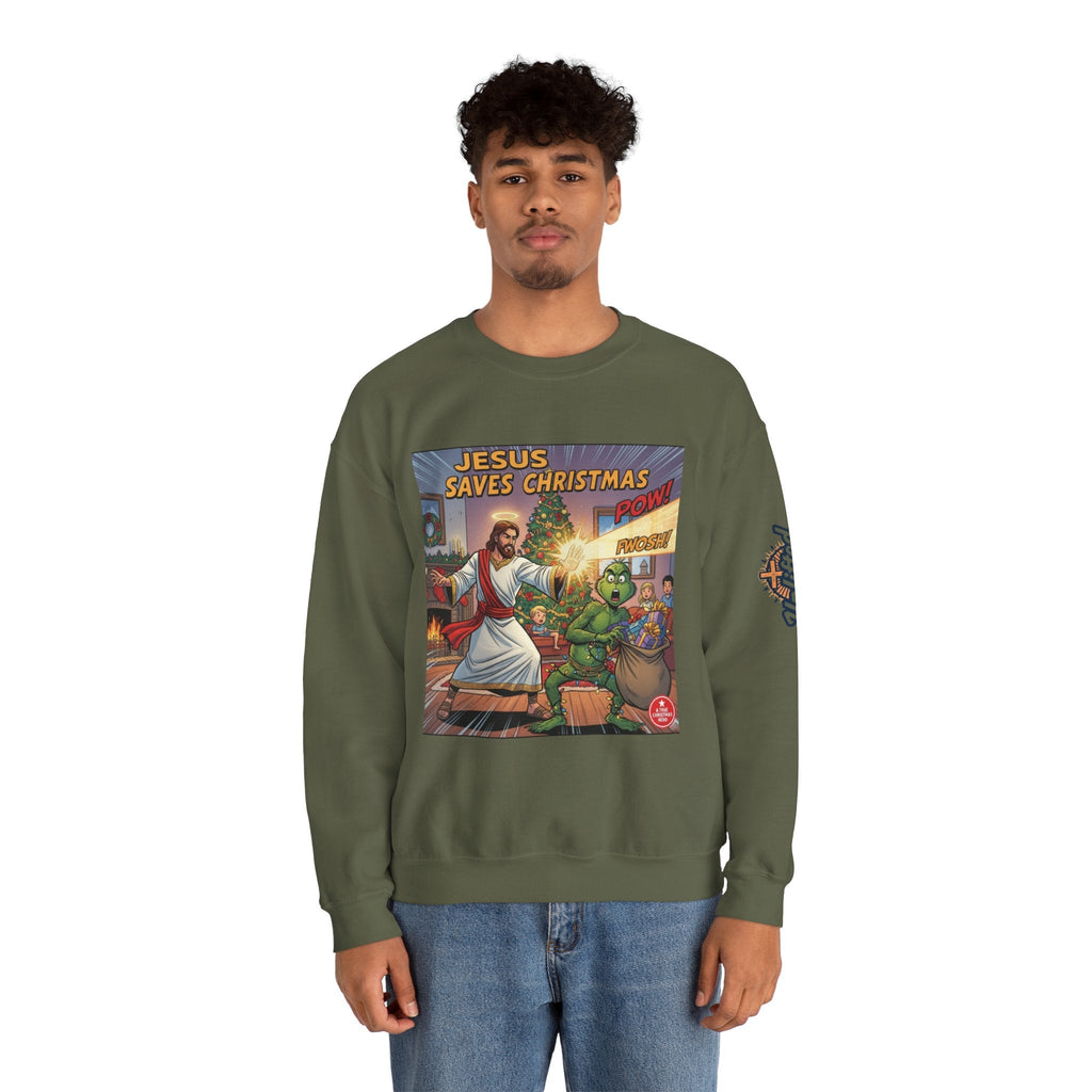 Jesus Saves Christmas Sweatshirt – Grinch vs Savior Light Battle Christian Sweatshirt for Hilarious Holiday Faith & True Joy Printify