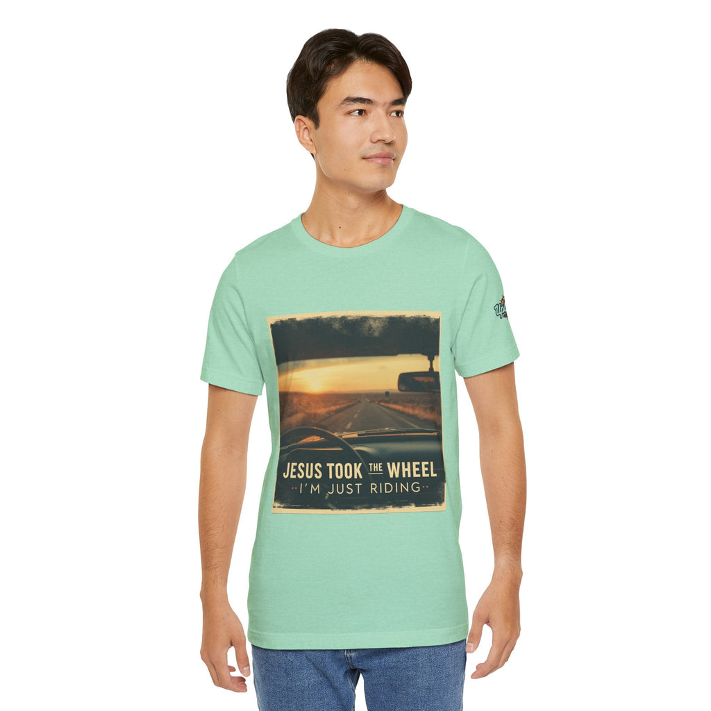 Jesus Took the Wheel I'm Just Riding T-shirt – Funny Christian Convertible Car T-shirt for Surrendered Faith & Humor Printify