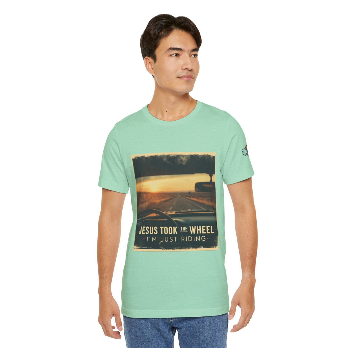Jesus Took the Wheel I'm Just Riding T-shirt – Funny Christian Convertible Car T-shirt for Surrendered Faith & Humor Printify